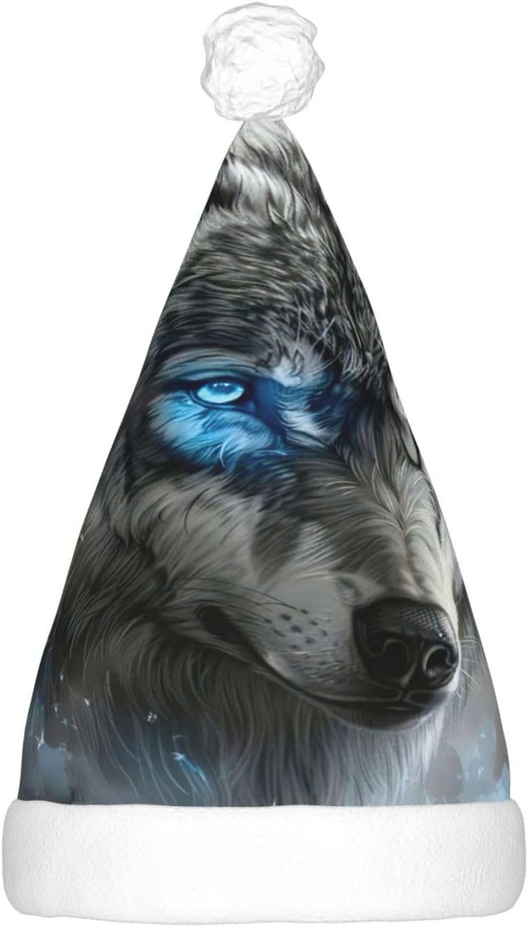 Blue Eyes Wolf Print Christmas Hat with LED Light