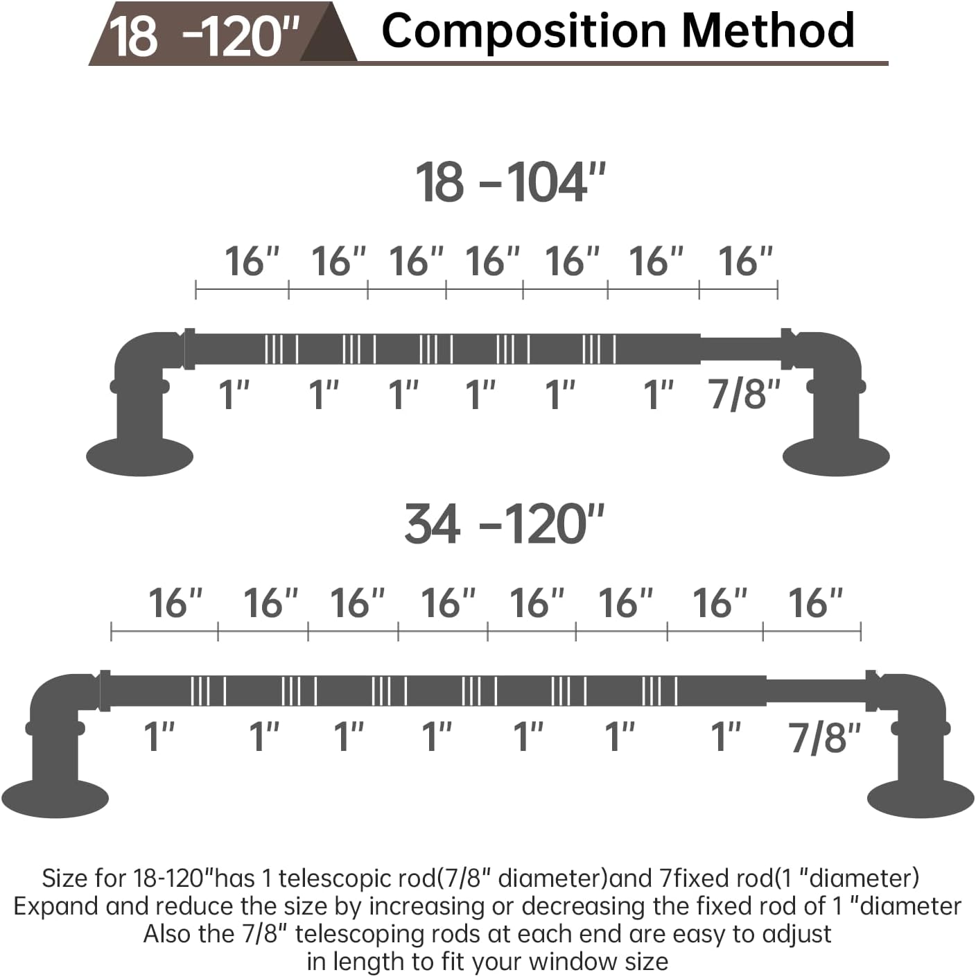 Industrial Curtain Rods 18-120 Inch Adjustable Blackout Rods