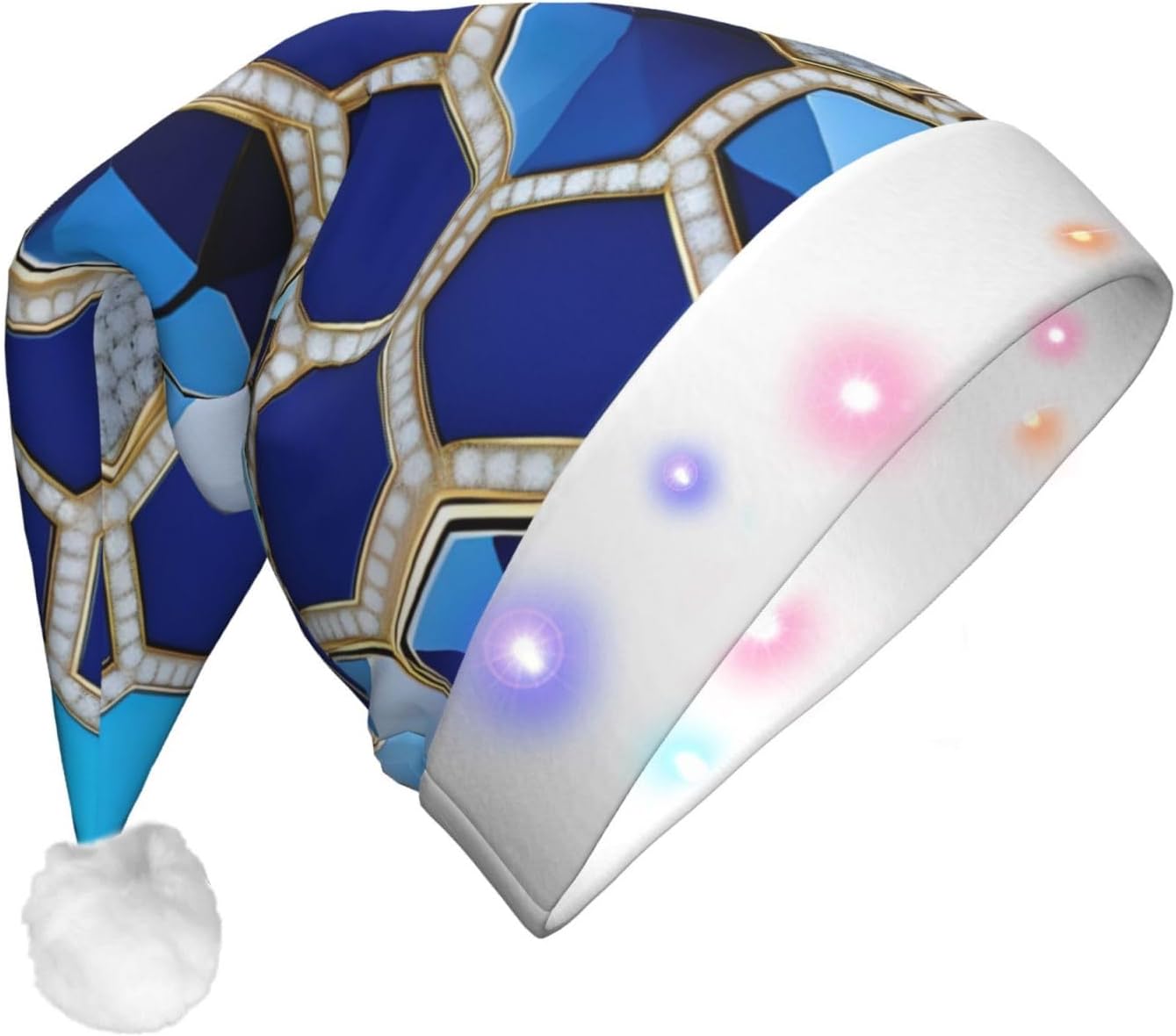 Blue Hexagons Diamond Print Christmas LED Santa Hat