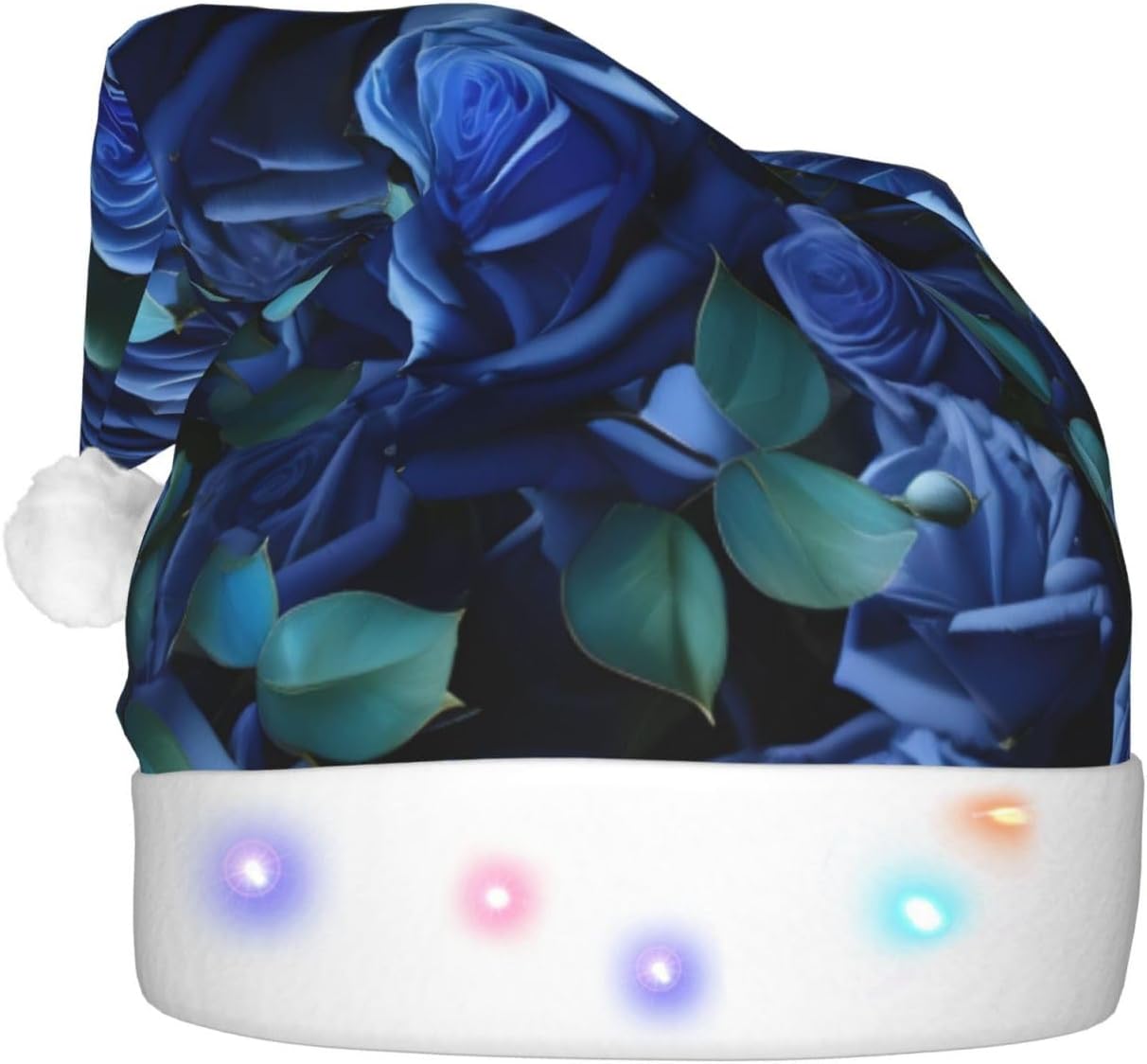 Many Blue Roses Print LED Christmas Hat for Adults