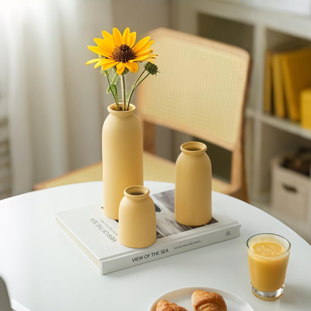 Ceramic Vase Set 3 - Distressed Yellow Boho Farmhouse Style