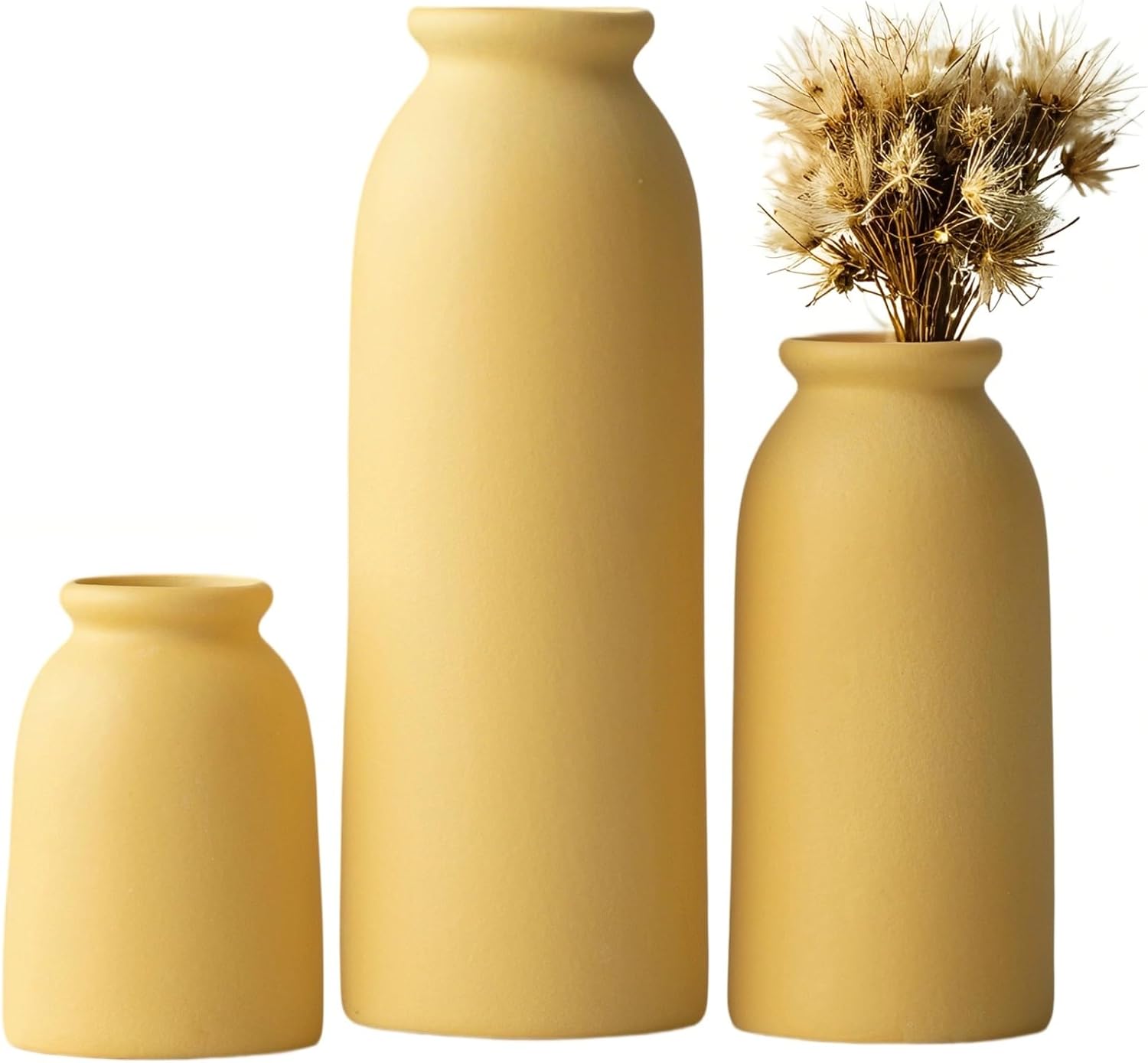 Ceramic Vase Set 3 - Distressed Yellow Boho Farmhouse Style