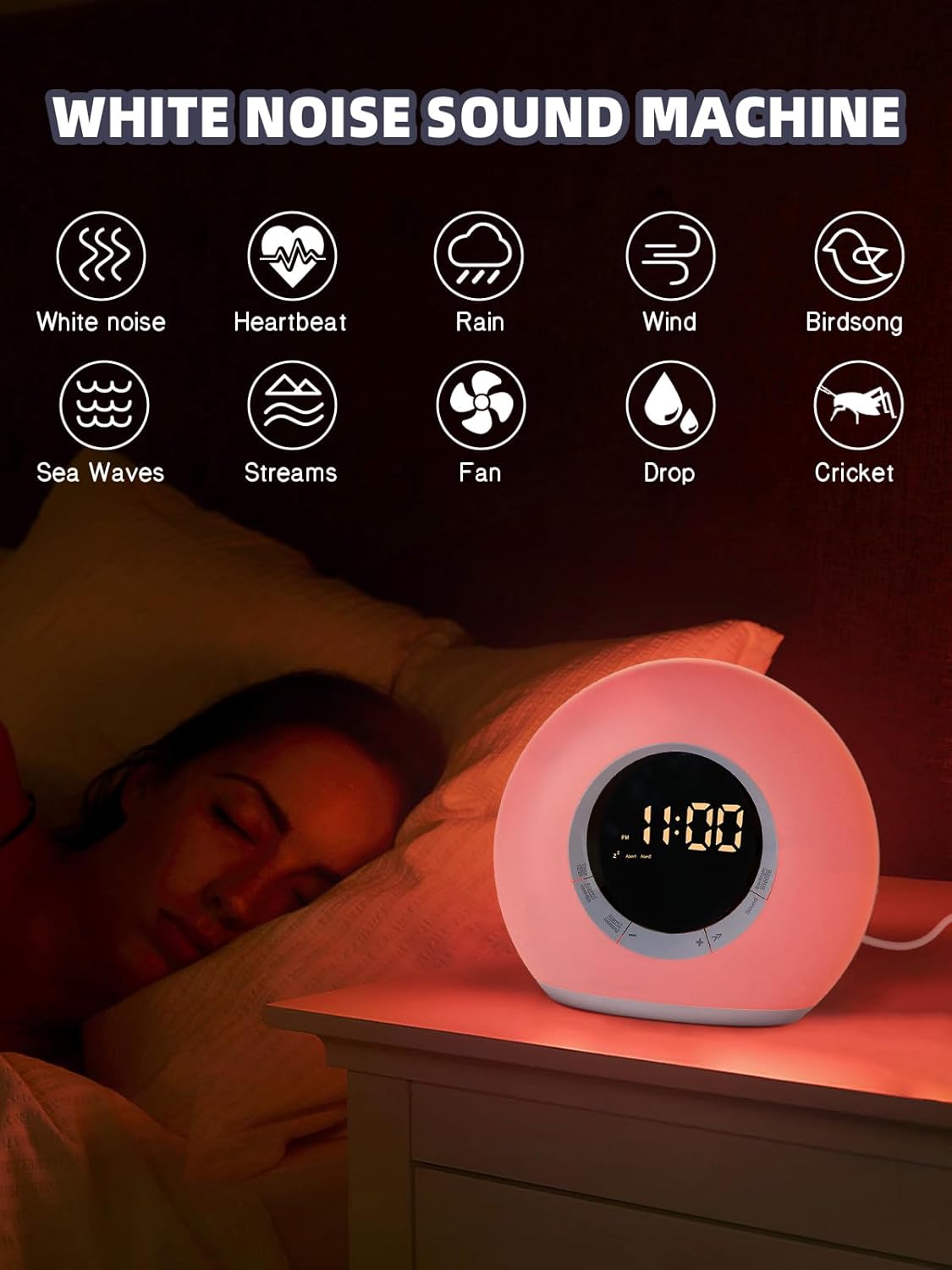 ICODE Alarm Clock with Dimmable Night Light and 10 White Noise