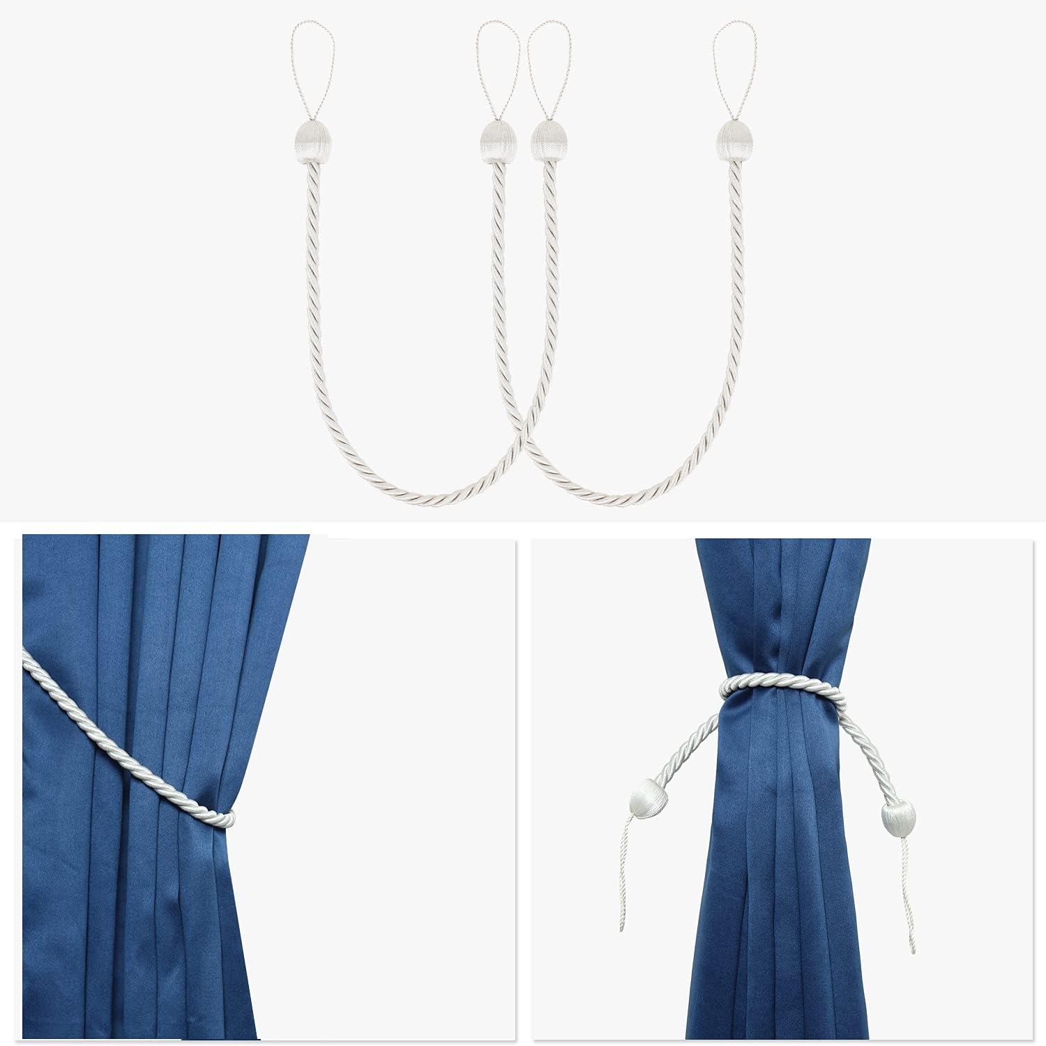 2 Pack Curtain Ropes Tiebacks Handmade Holdbacks - Polyester White