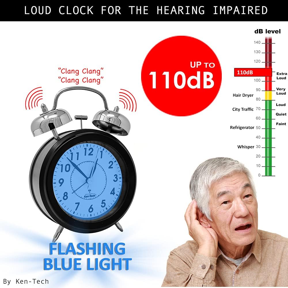 Sonnet Twin Bell Alarm Clock - Very Loud 100dB Battery Operated Blue Backlight Black