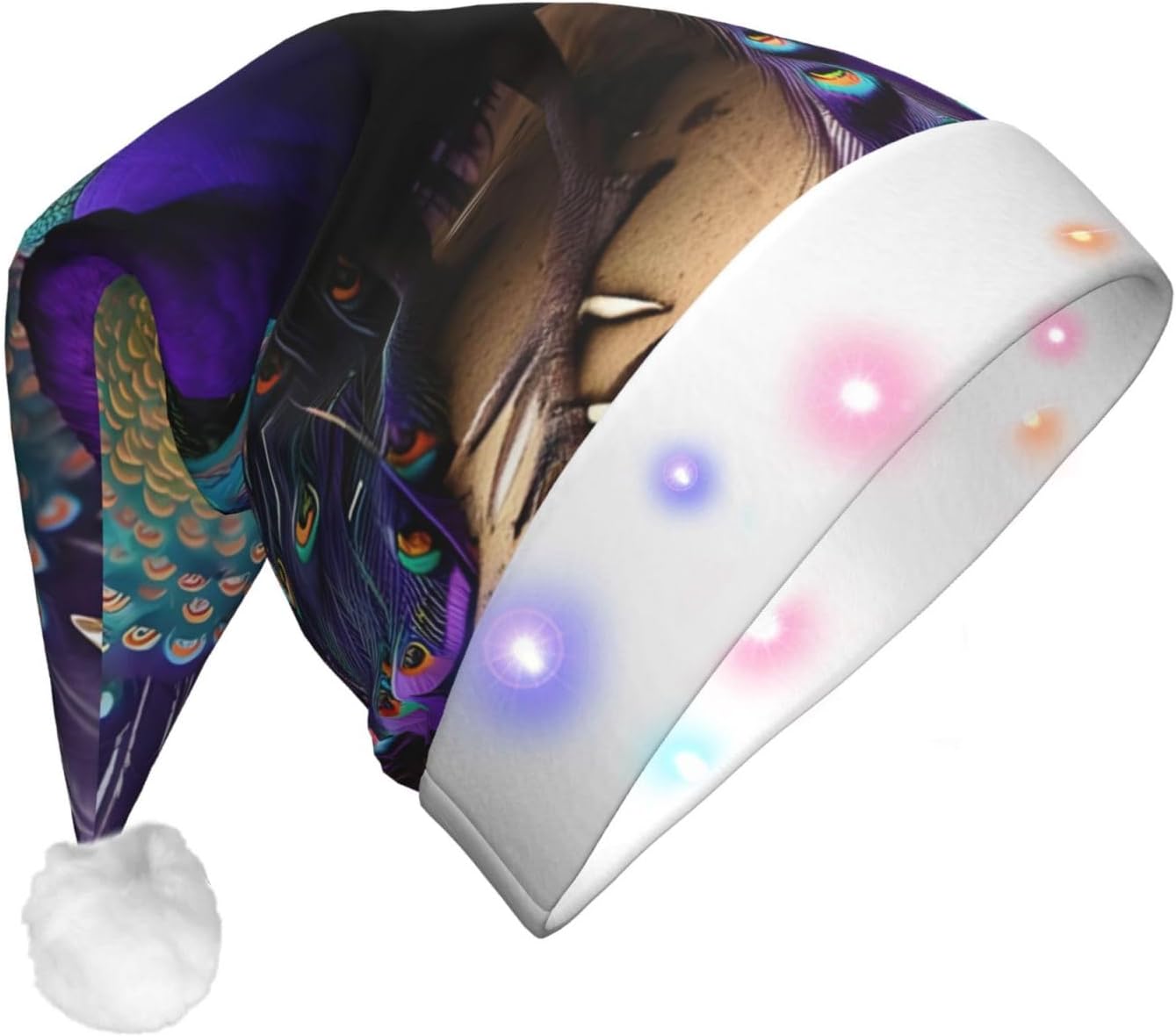Purple Peacock Print Christmas Hat with LED Lights