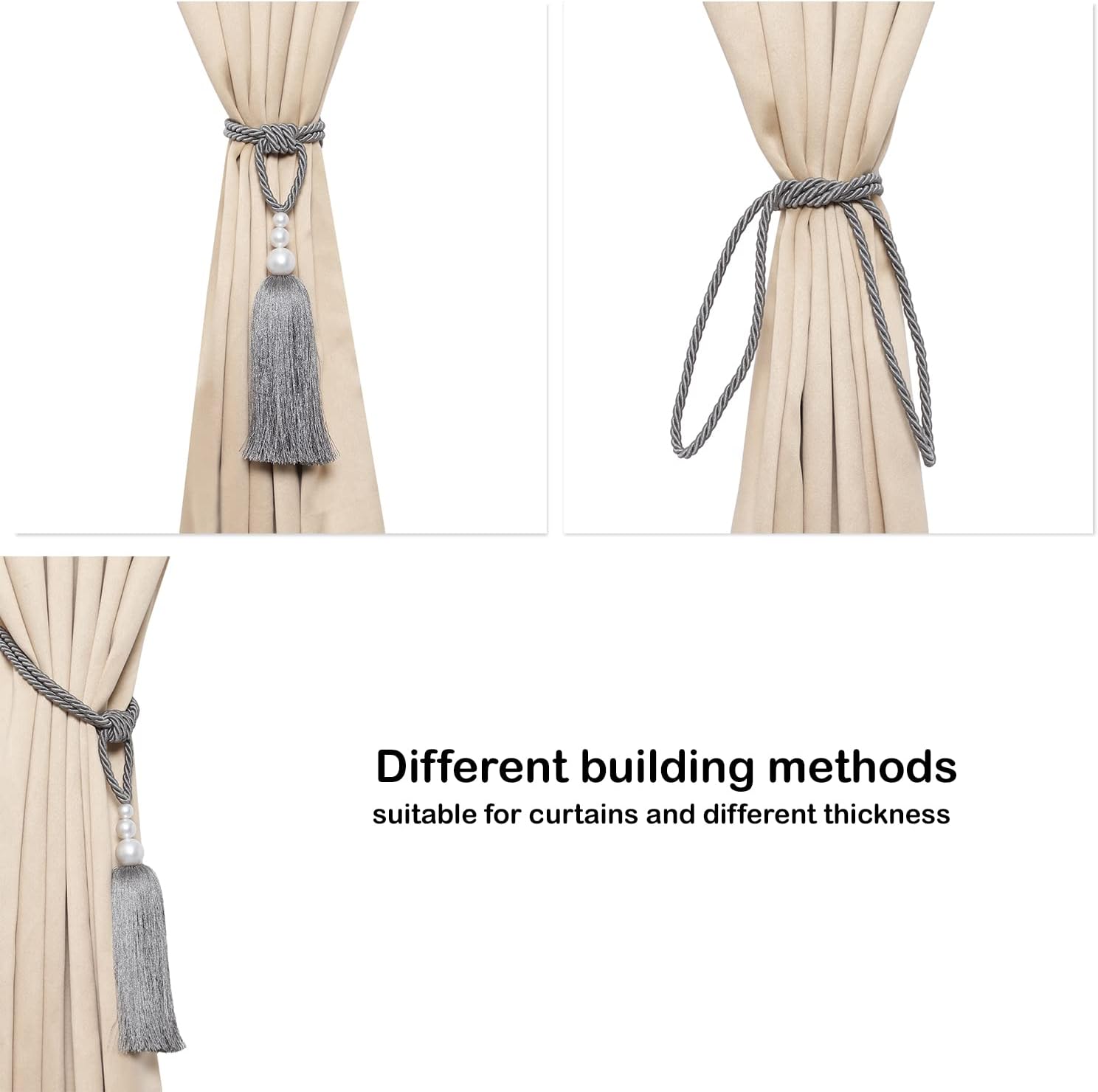 2 Pack Curtain Tiebacks with Pearl Holdbacks Gray