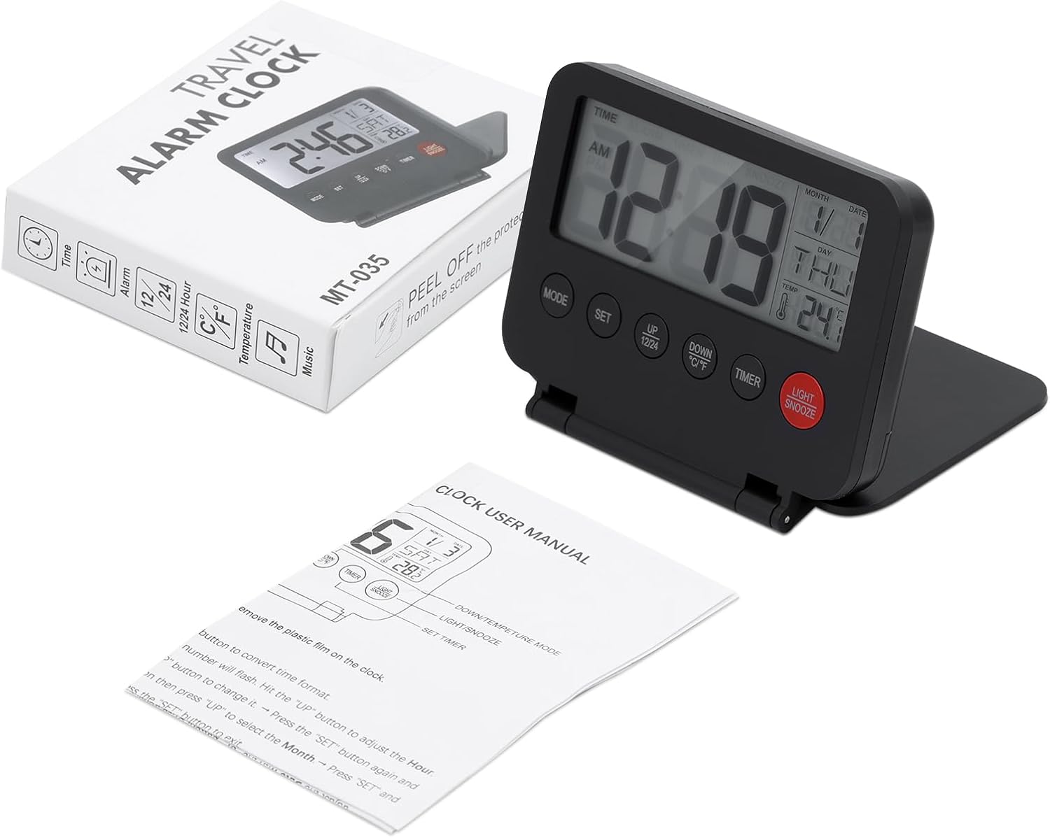 Olipiter Small Foldable Digital Travel Alarm Clock with Calendar and Temperature