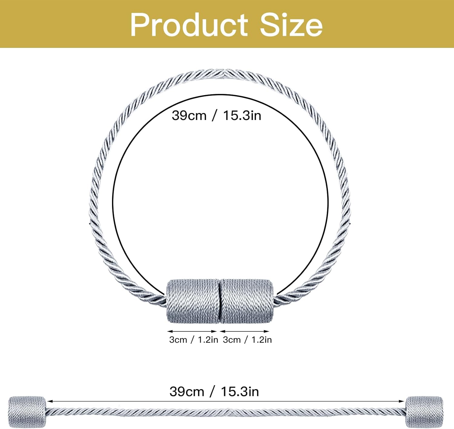 6 Pack Strong Magnetic Curtain Holdbacks with Thick Twist Rope Grey