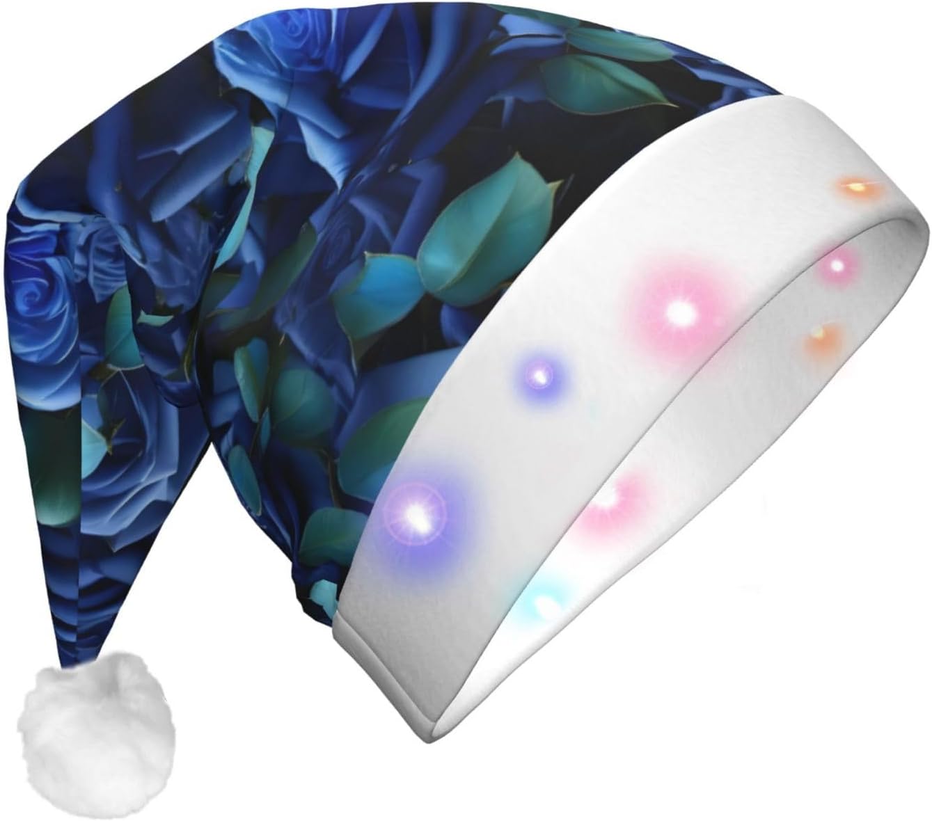 Many Blue Roses Print LED Christmas Hat for Adults
