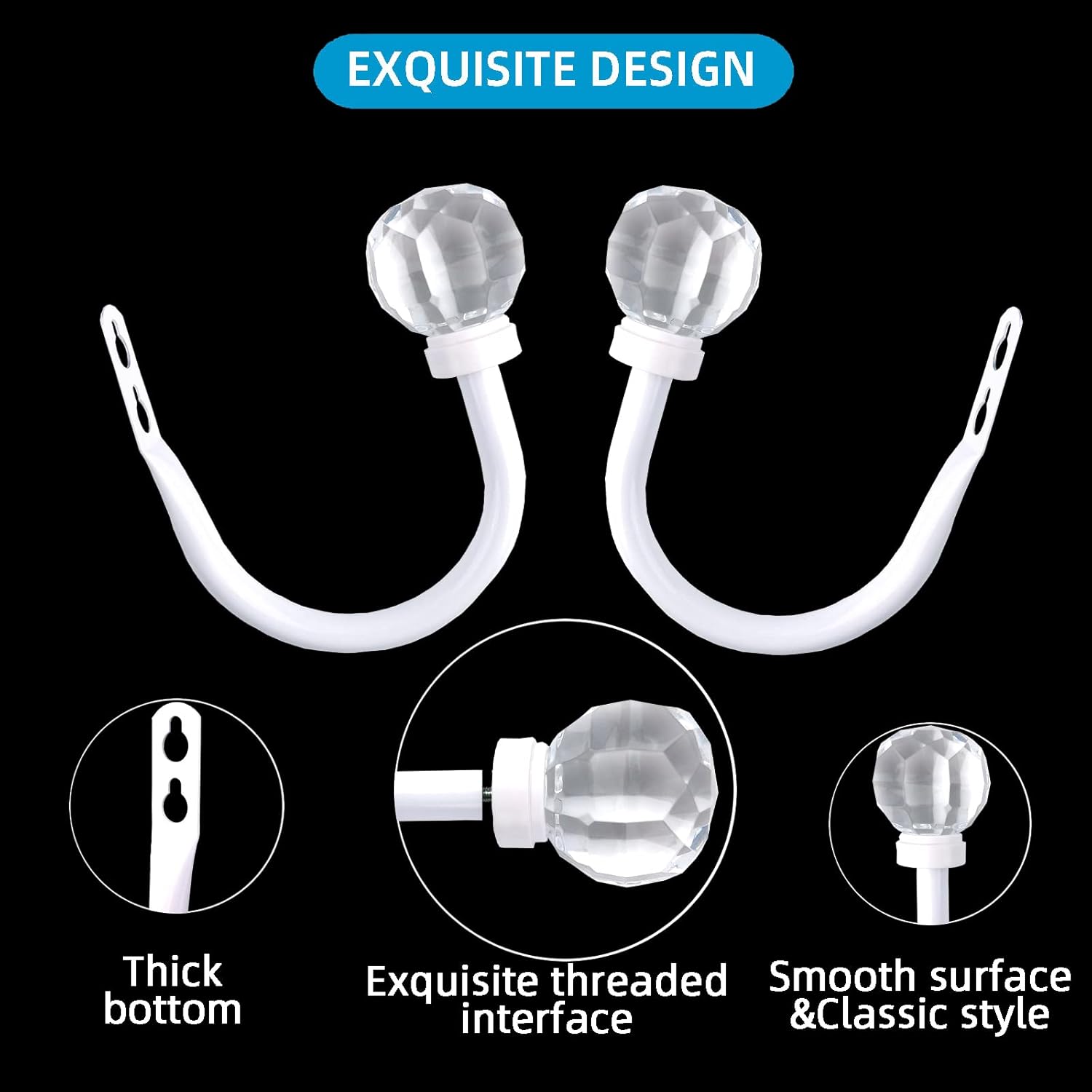 2Pack Curtain Holdbacks with Clear Crystal Balls and Metal Hooks