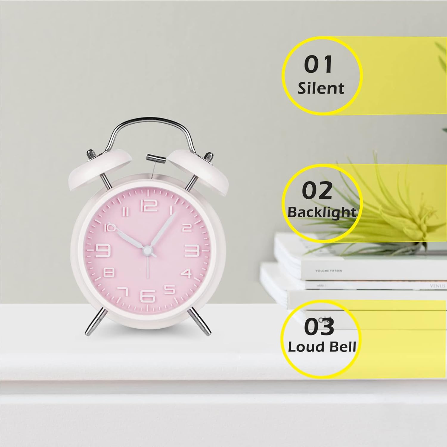 PILIFE Analog Alarm Clock 4 Inch Super Silent Twin Bell