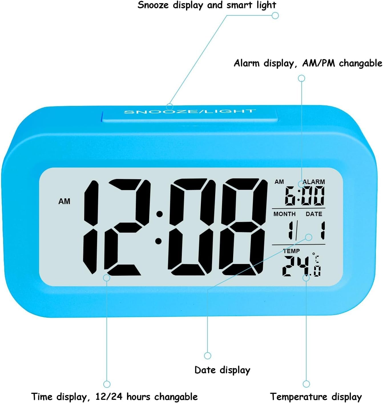 Hooporia Blue Alarm Clock with LCD Screen and Snooze Function