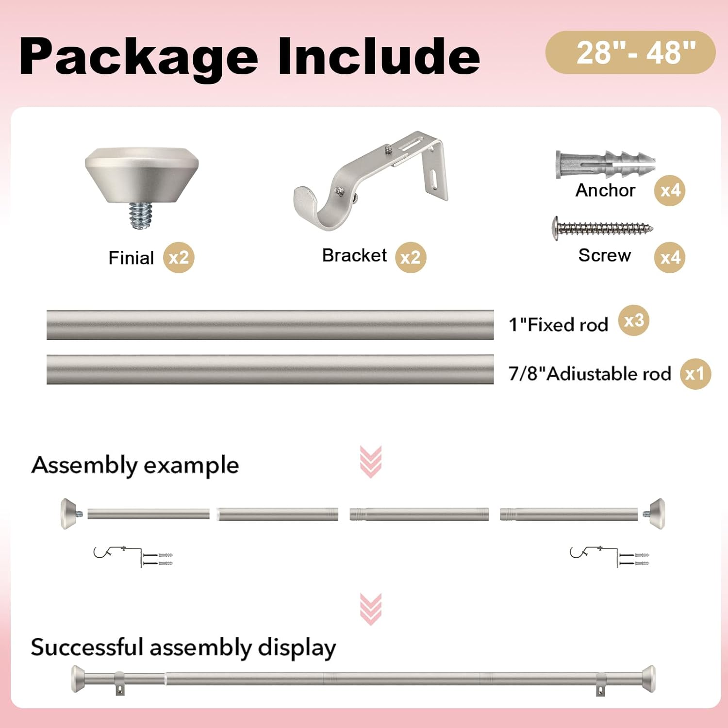 Heavy Duty Curtain Rods 28-48 Inches Silver Adjustable with Diamond Finials