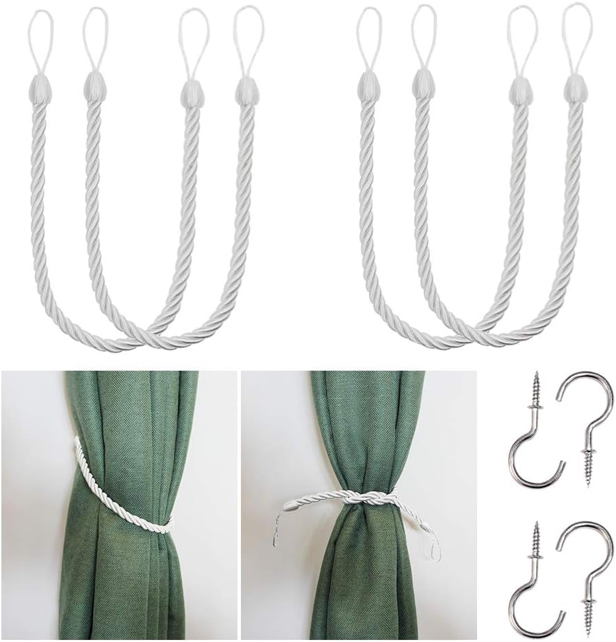 BEL AVENIR Curtain Rope Tiebacks with 4 Metal Screw Hooks White 4 Pack