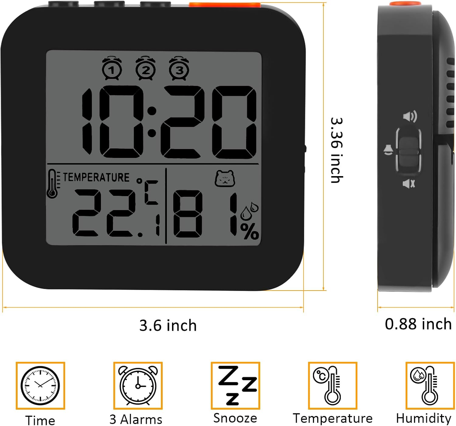 WinFong Small Digital Alarm Clock with 3 Bells and Humidity Temperature Display