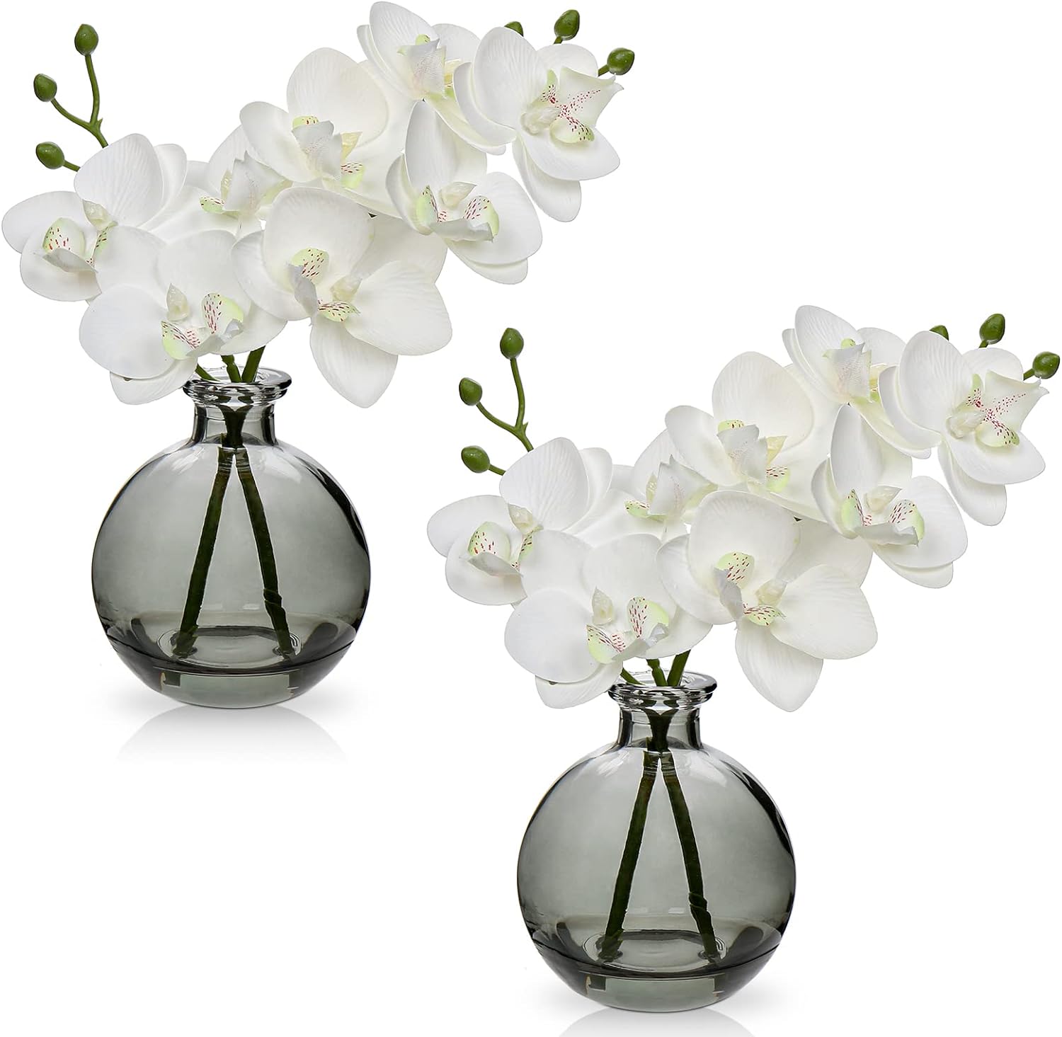 White Orchids Artificial Flower Set of 2 with Black Glass Vase