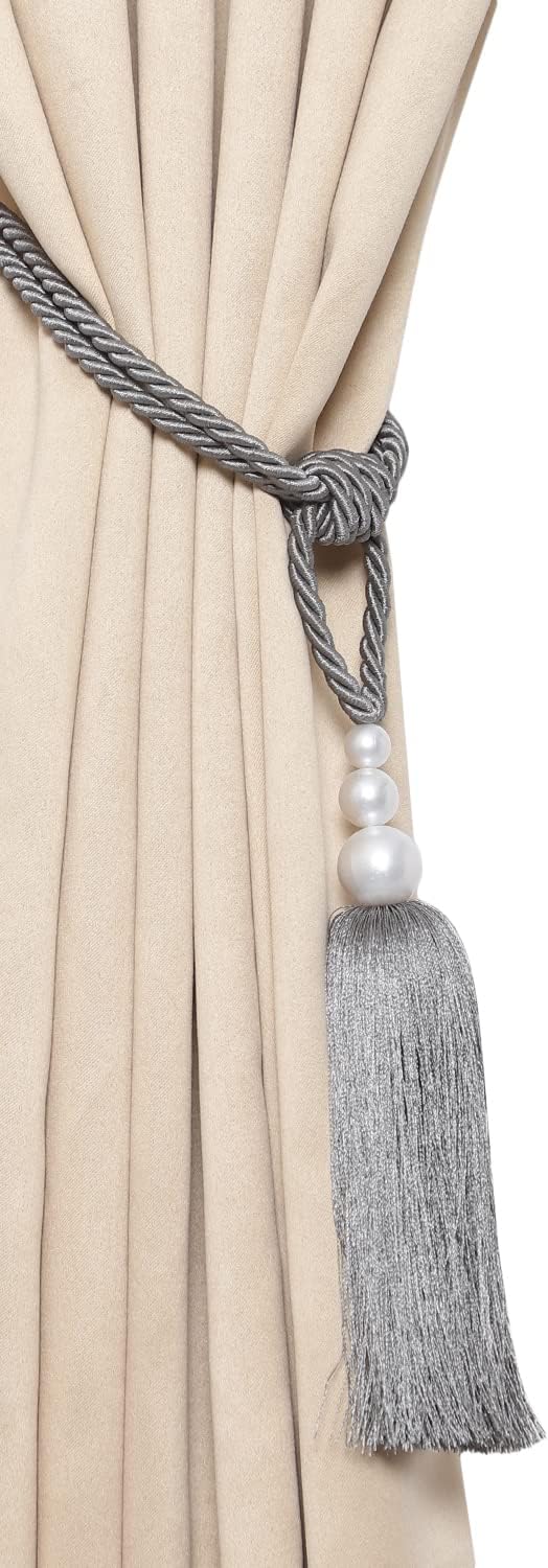 2 Pack Curtain Tiebacks with Pearl Holdbacks Gray
