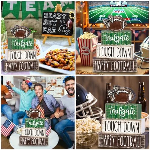 4Pcs Football Wooden Block Sign Fall Decor Centerpiece