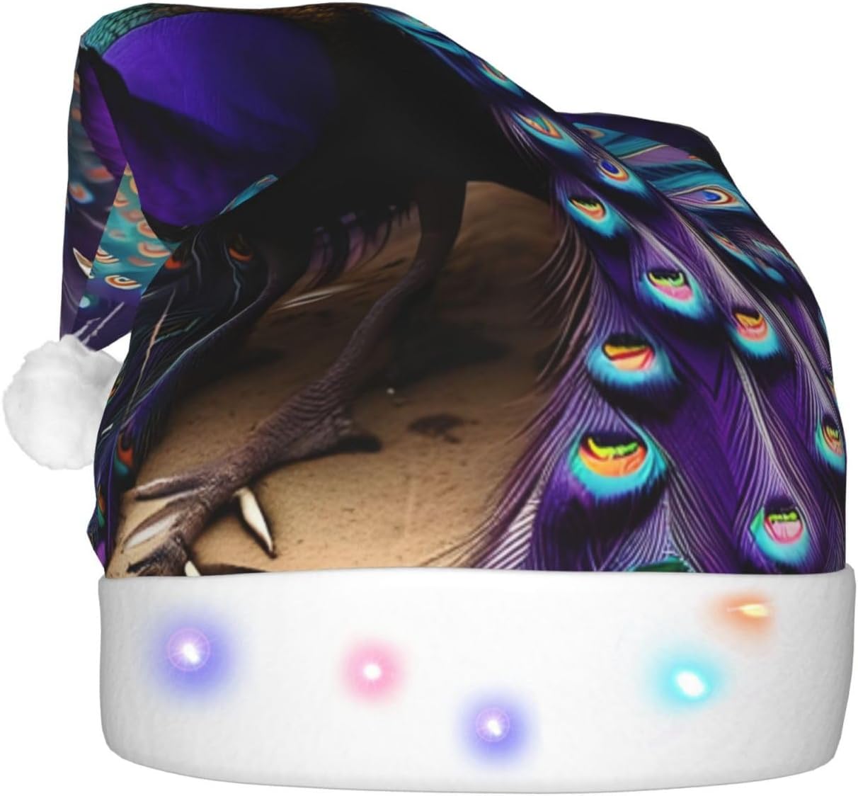 Purple Peacock Print Christmas Hat with LED Lights