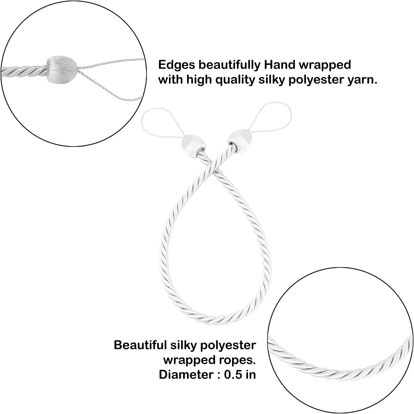 2 Pack Curtain Ropes Tiebacks Handmade Holdbacks - Polyester White