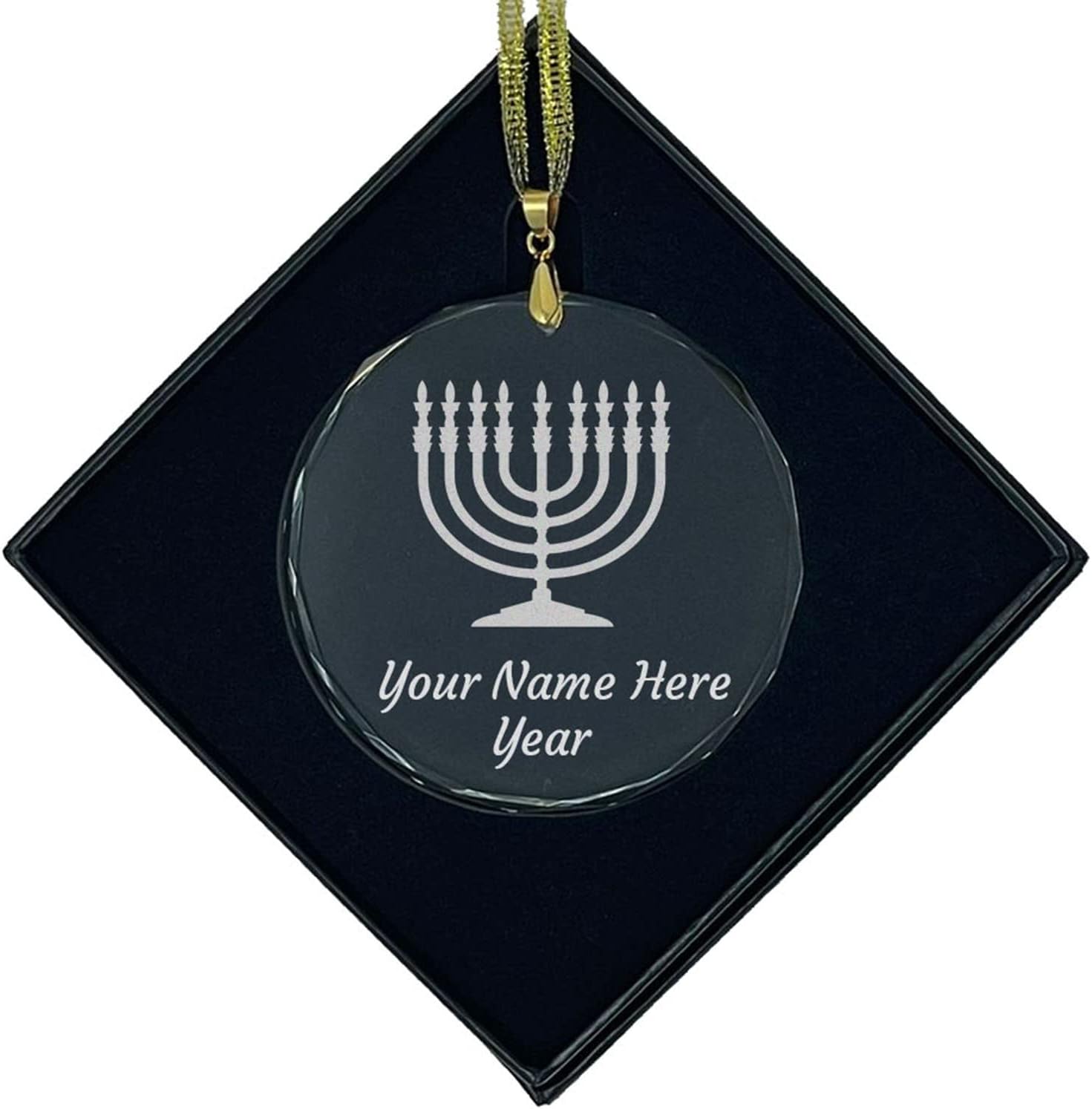 LaserGram Personalized Glass Christmas Ornament with Menorah Design