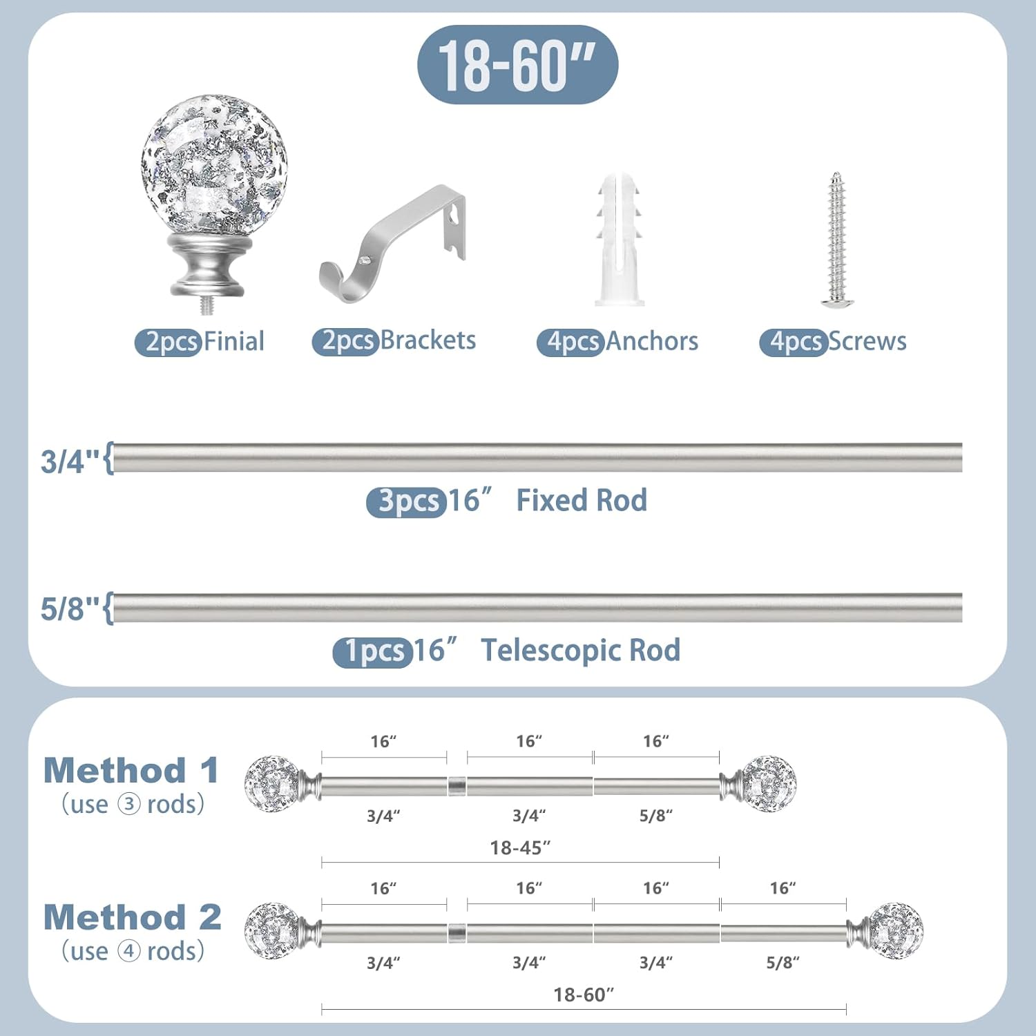 Silver Crystal Curtain Rods 18-60 Inch Adjustable