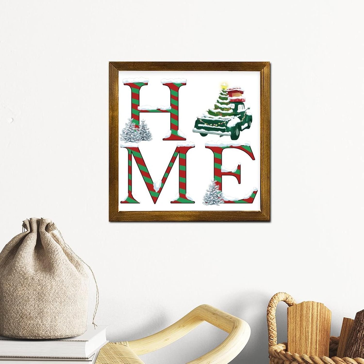 Christmas Candy Cane Framed Wood Sign 7x7 Inch