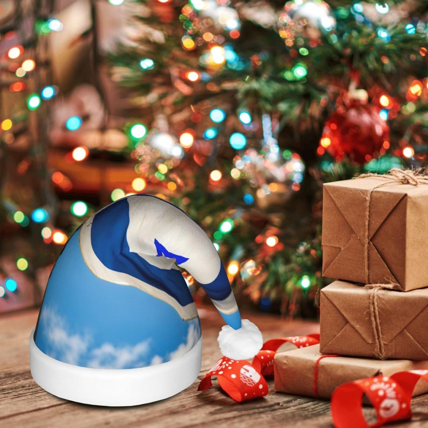 Israeli Flag Print Christmas Hat with LED Lights