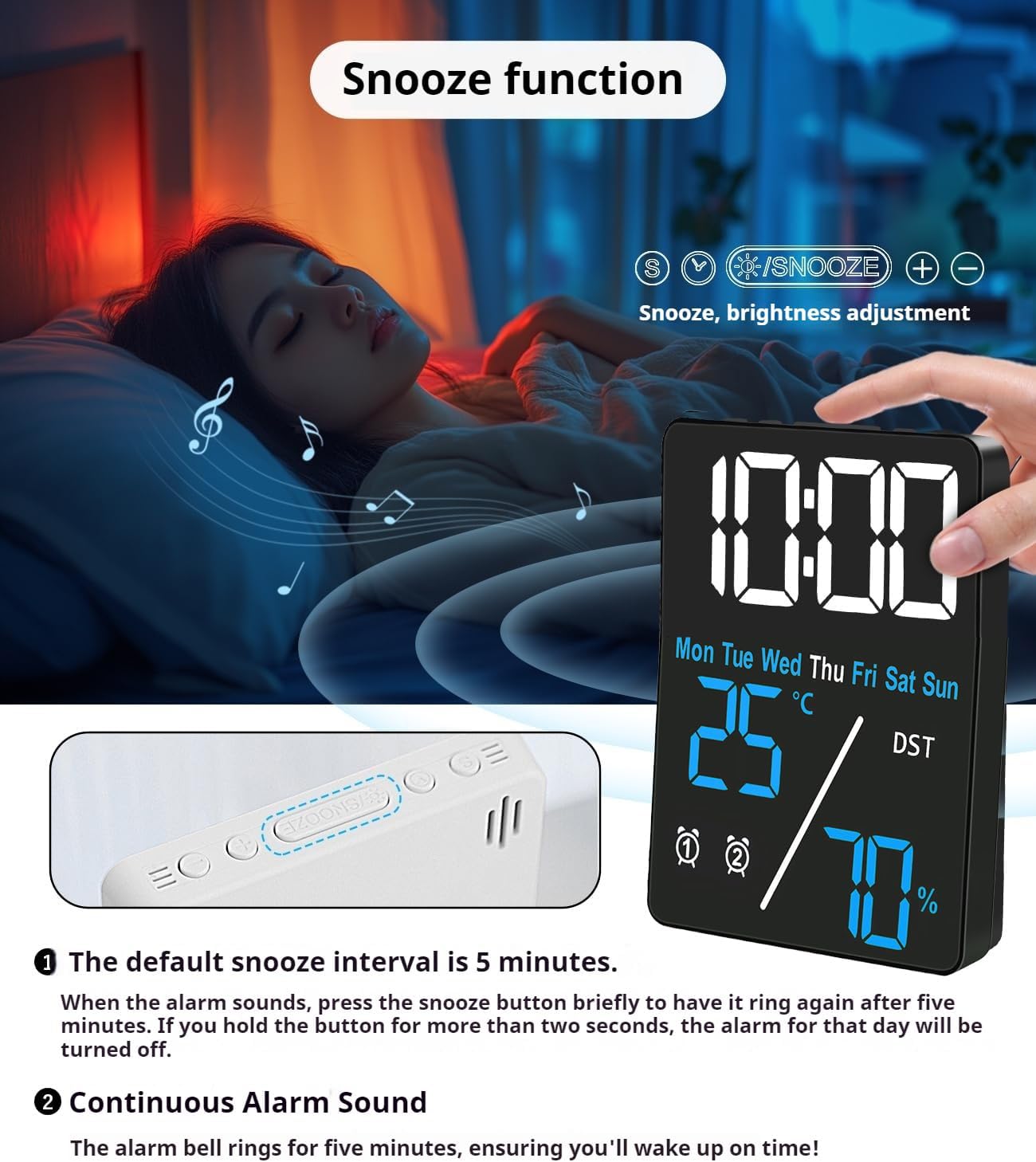 Digital LED Alarm Clock with Thermometer and Hygrometer