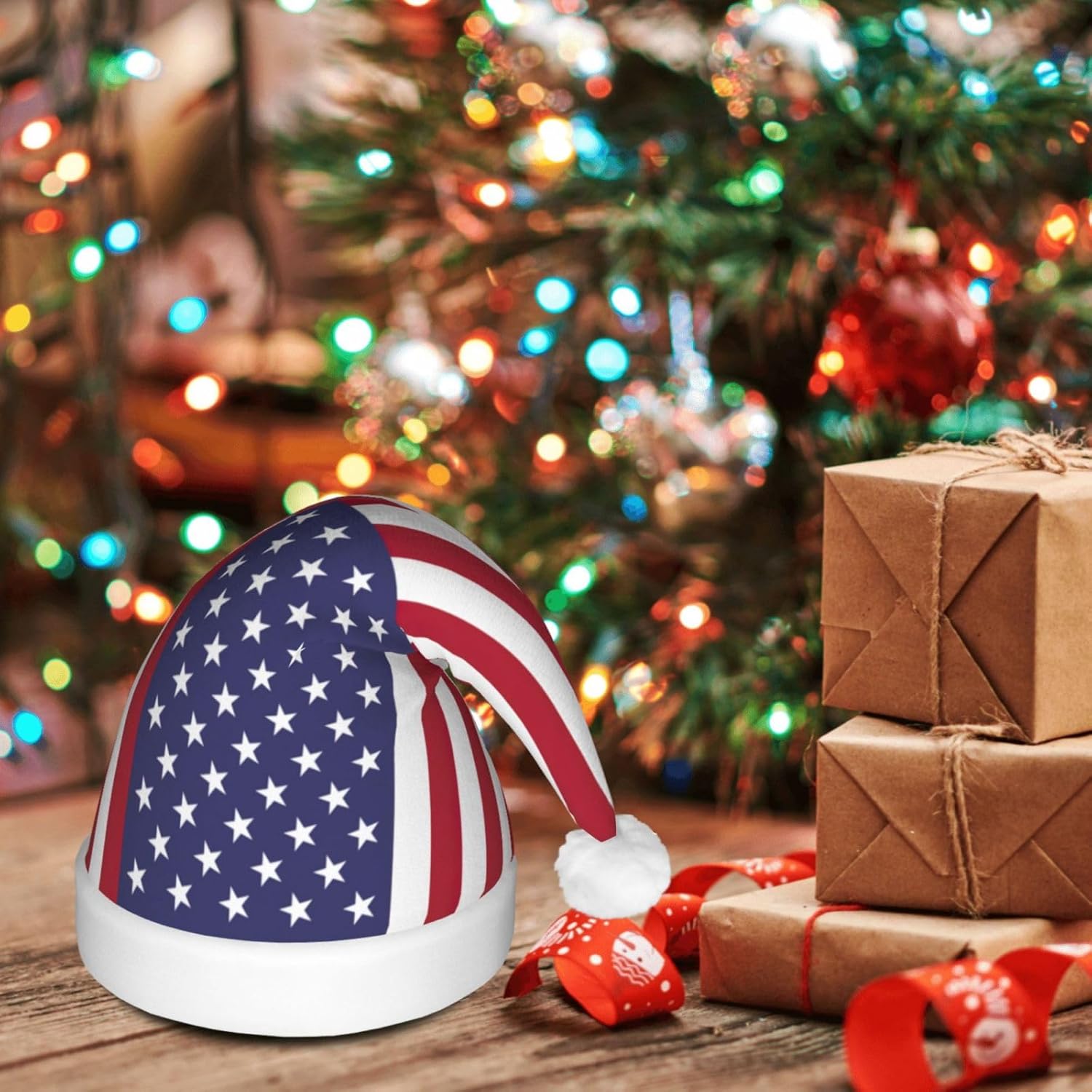 American Flag Christmas Hat with LED Lights
