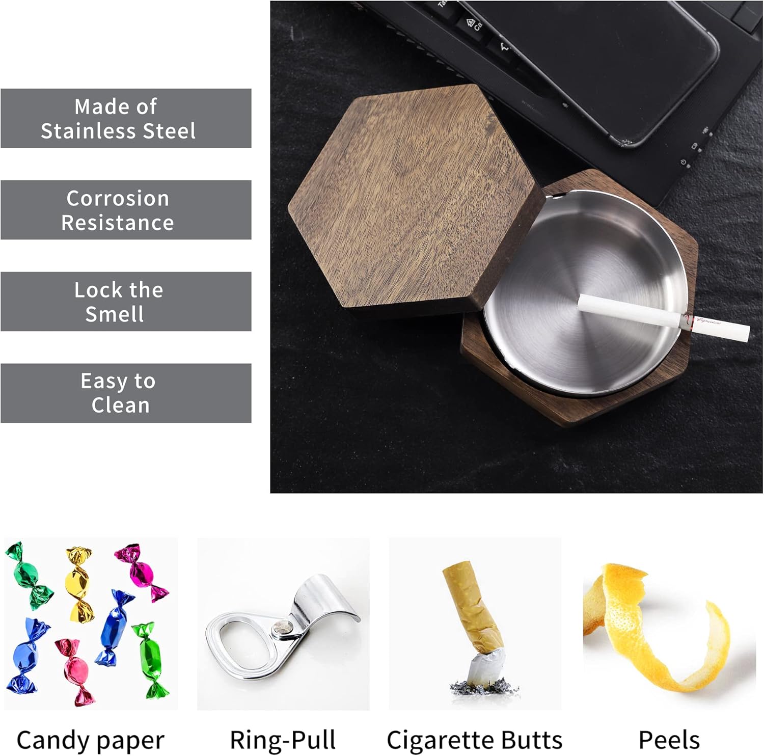 Hexagonal Wooden Ashtray with Stainless Steel Liner Windproof and Easy to Clean