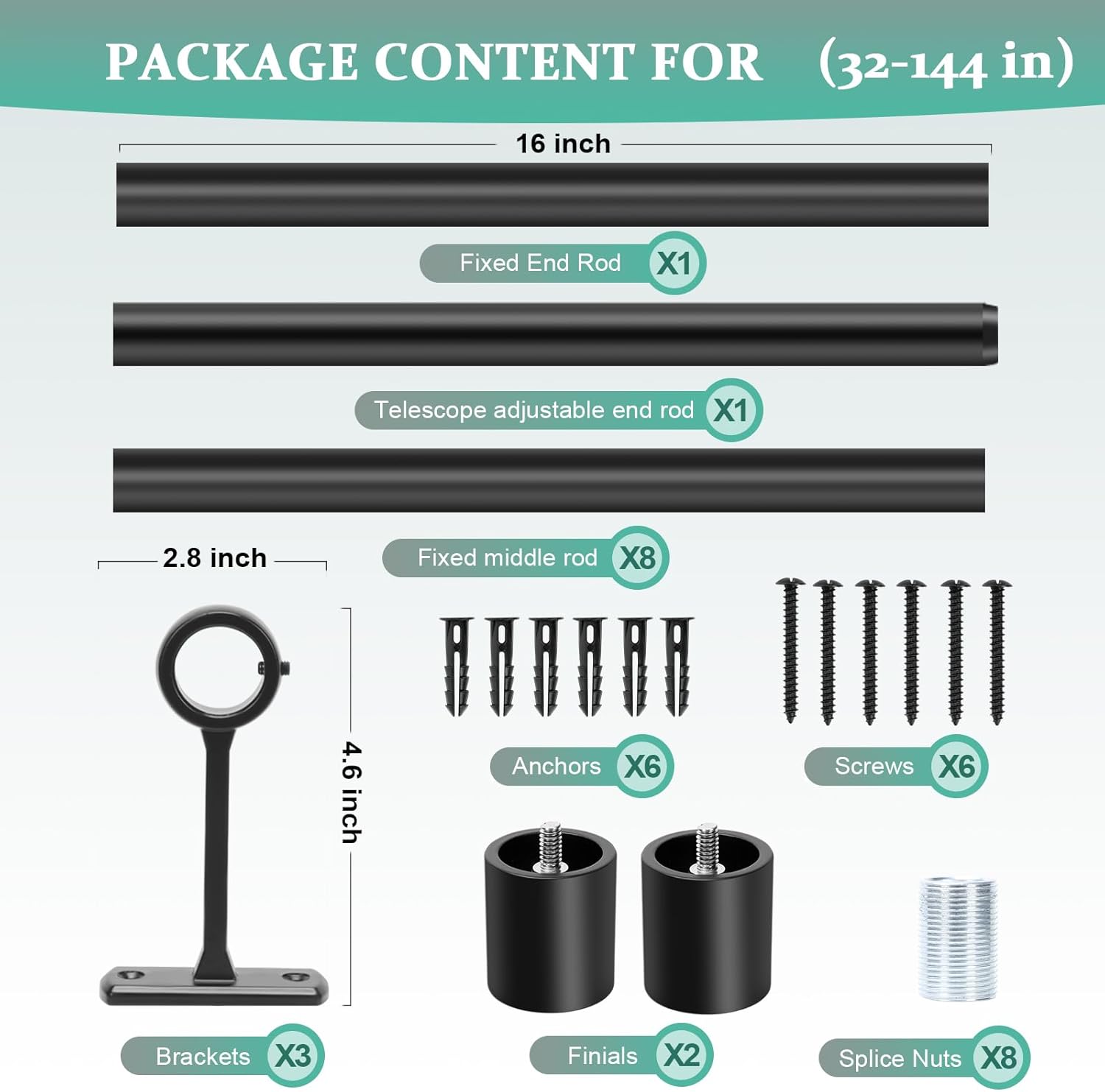 Adjustable 1 Inch Black Curtain Rod for Windows 72-144 Inches