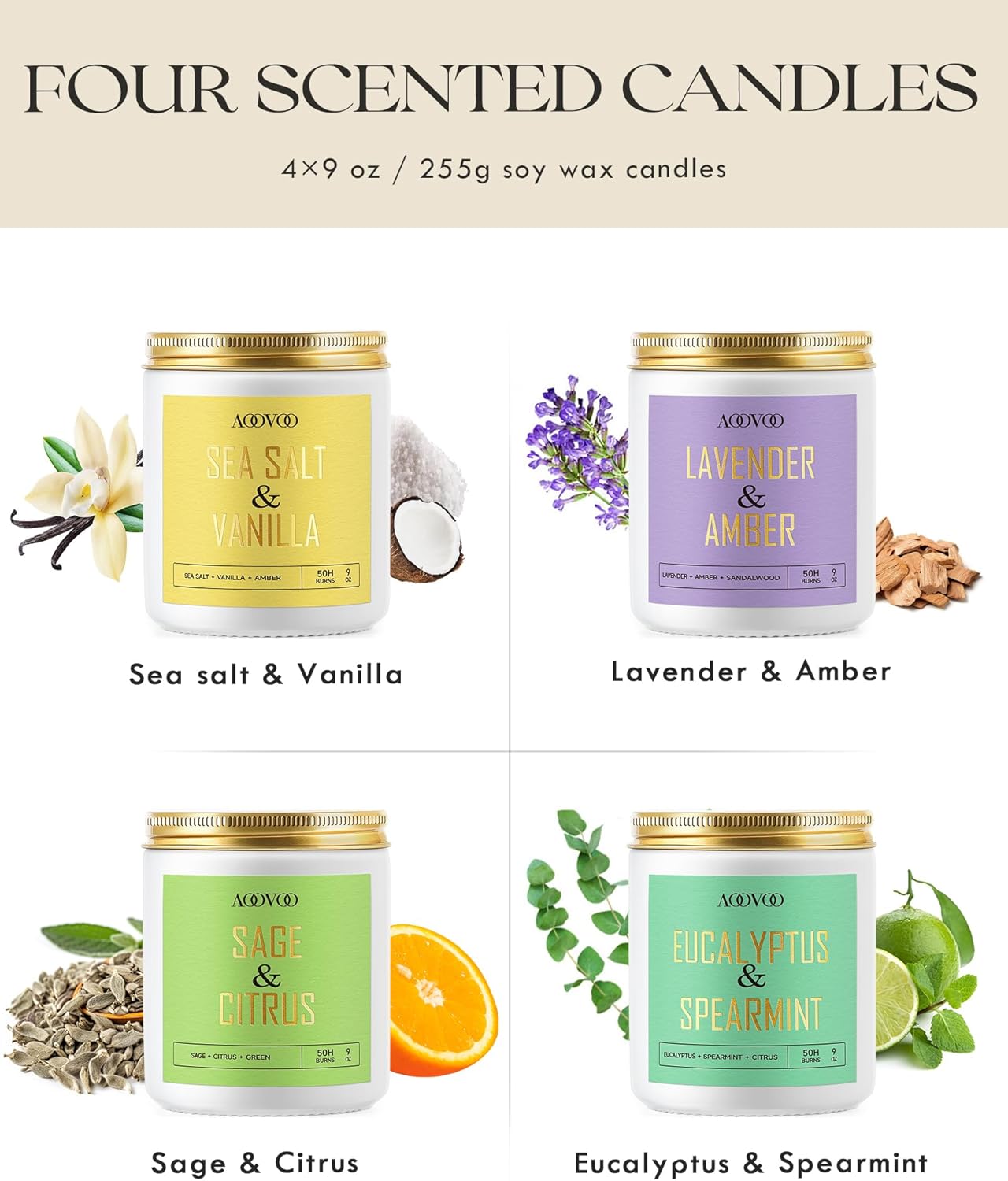 AOOVOO 4 Pack Scented Candles - Lavender Vanilla Sage Eucalyptus