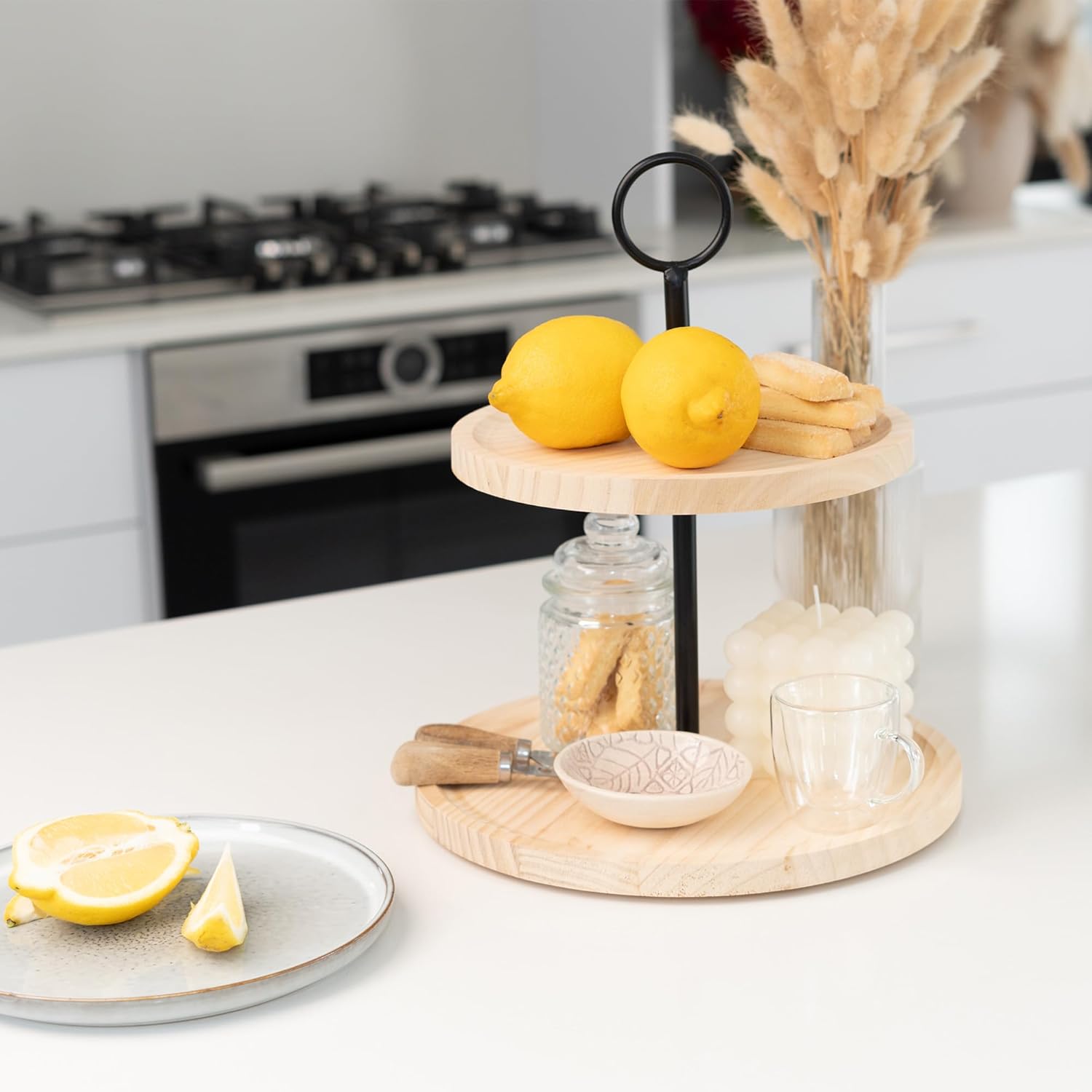 KIBAGA Decorative Wooden Two Tiered Tray Stand