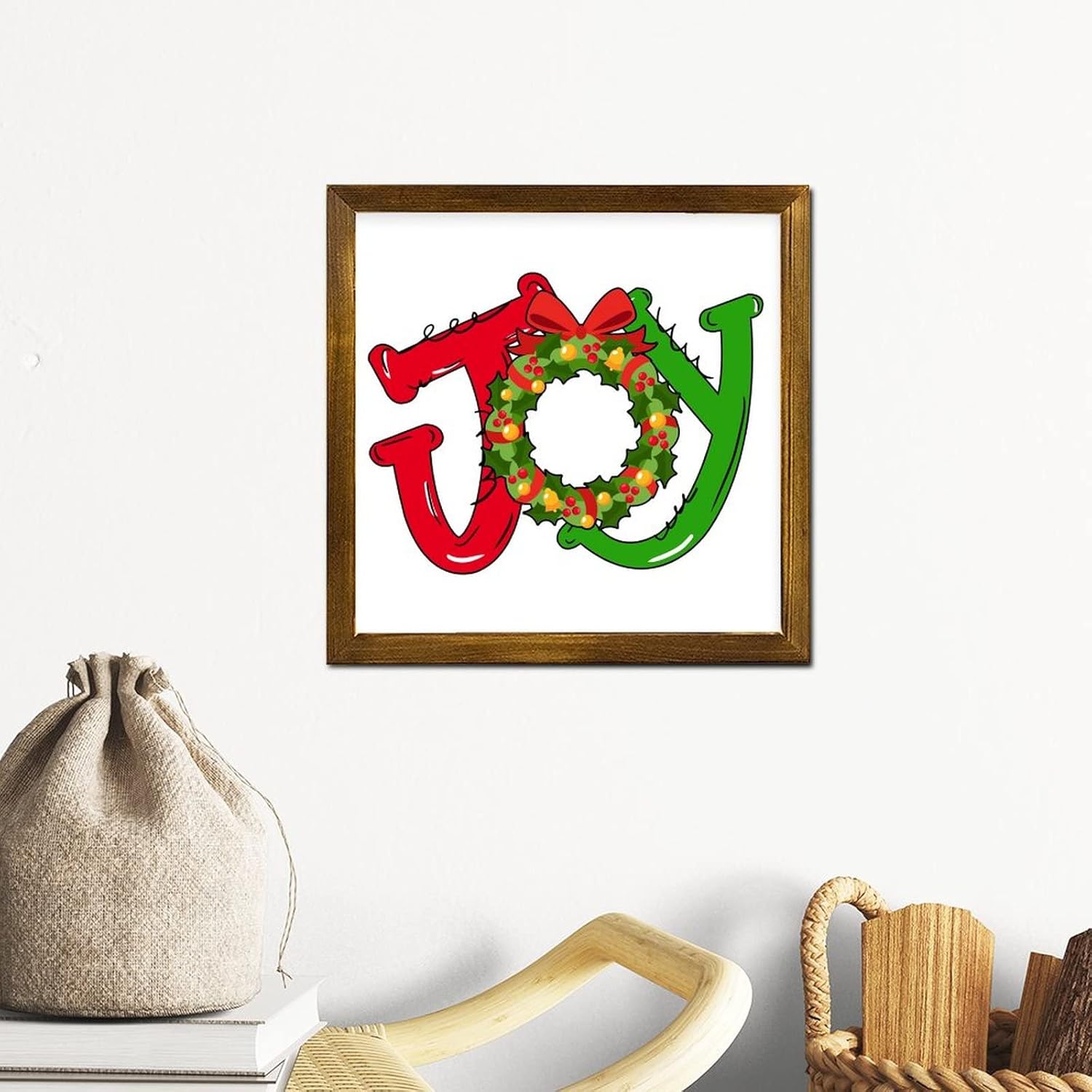 Christmas Joy Ball Framed Wooden Sign 7x7 Inch Wall Decor