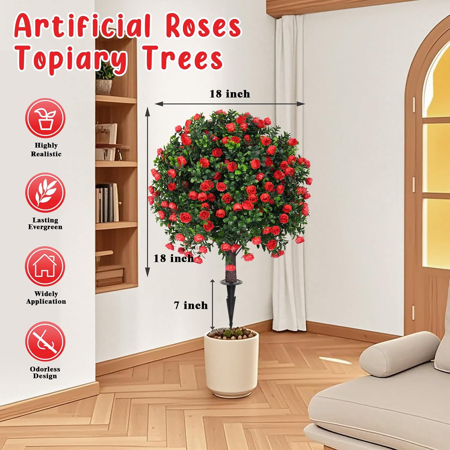 Artificial Boxwood Topiary Tree with Rose Set of 2