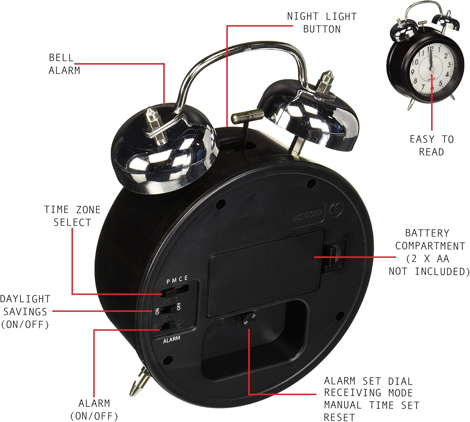 Sonnet Twin Bell Alarm Clock - Very Loud 100dB Battery Operated Blue Backlight Black