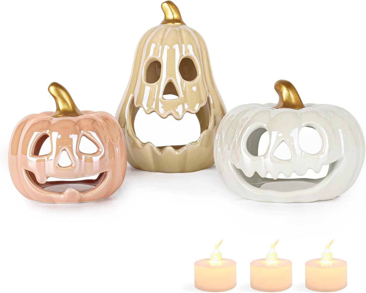 Sunlit Ceramic Pumpkin Tea Light Holder Set of 3