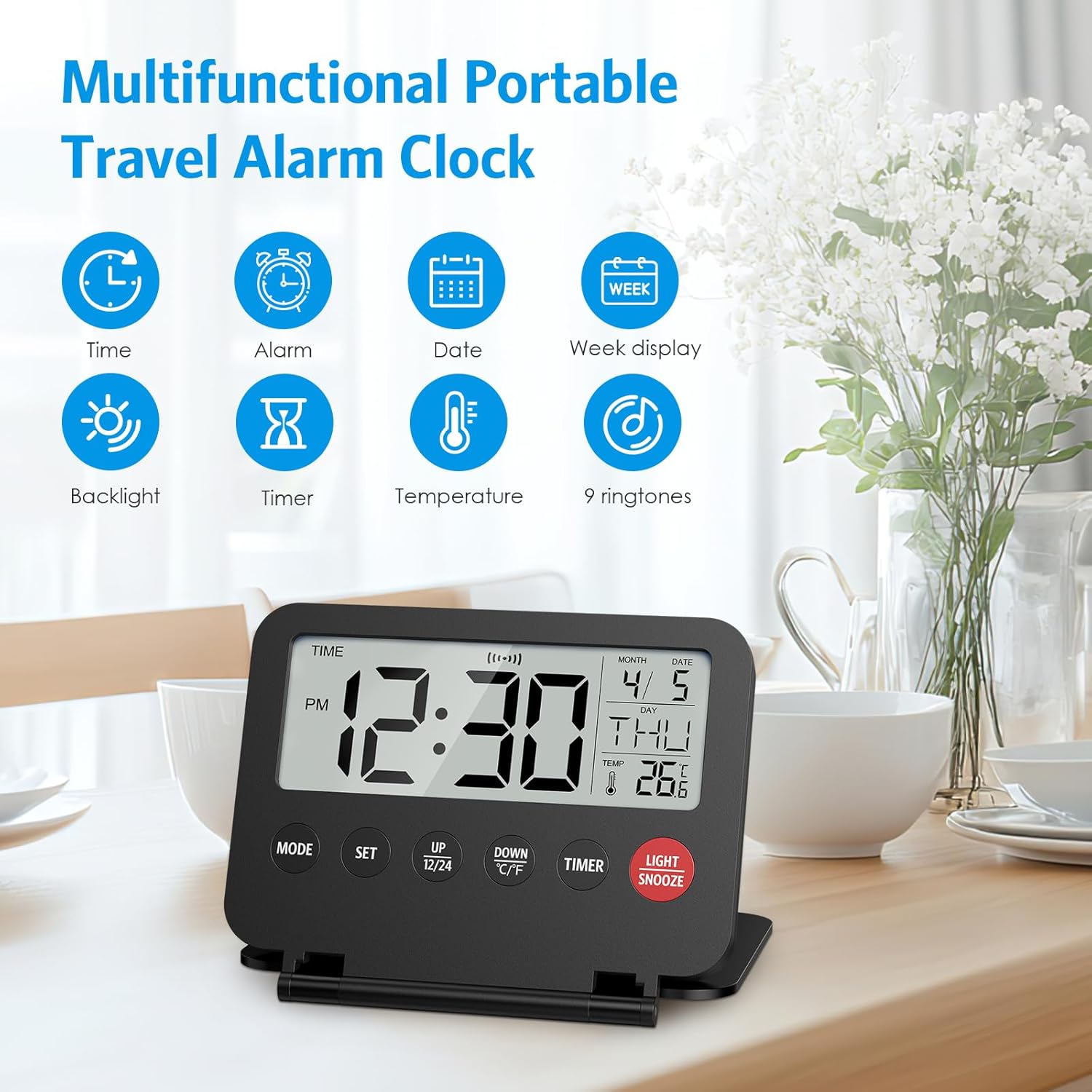 Olipiter Small Foldable Digital Travel Alarm Clock with Calendar and Temperature