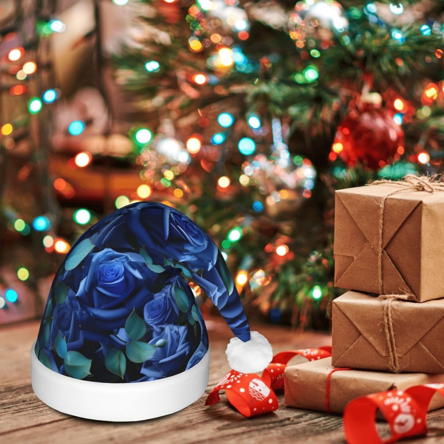Many Blue Roses Print LED Christmas Hat for Adults