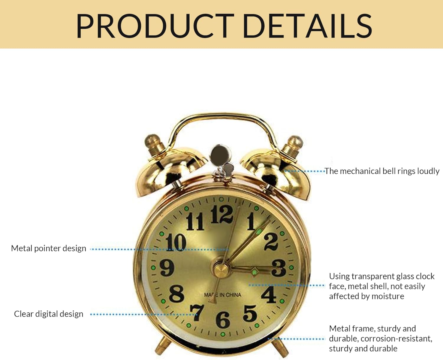 Wind Up Alarm Clock Gold Twin Bell Mechanical