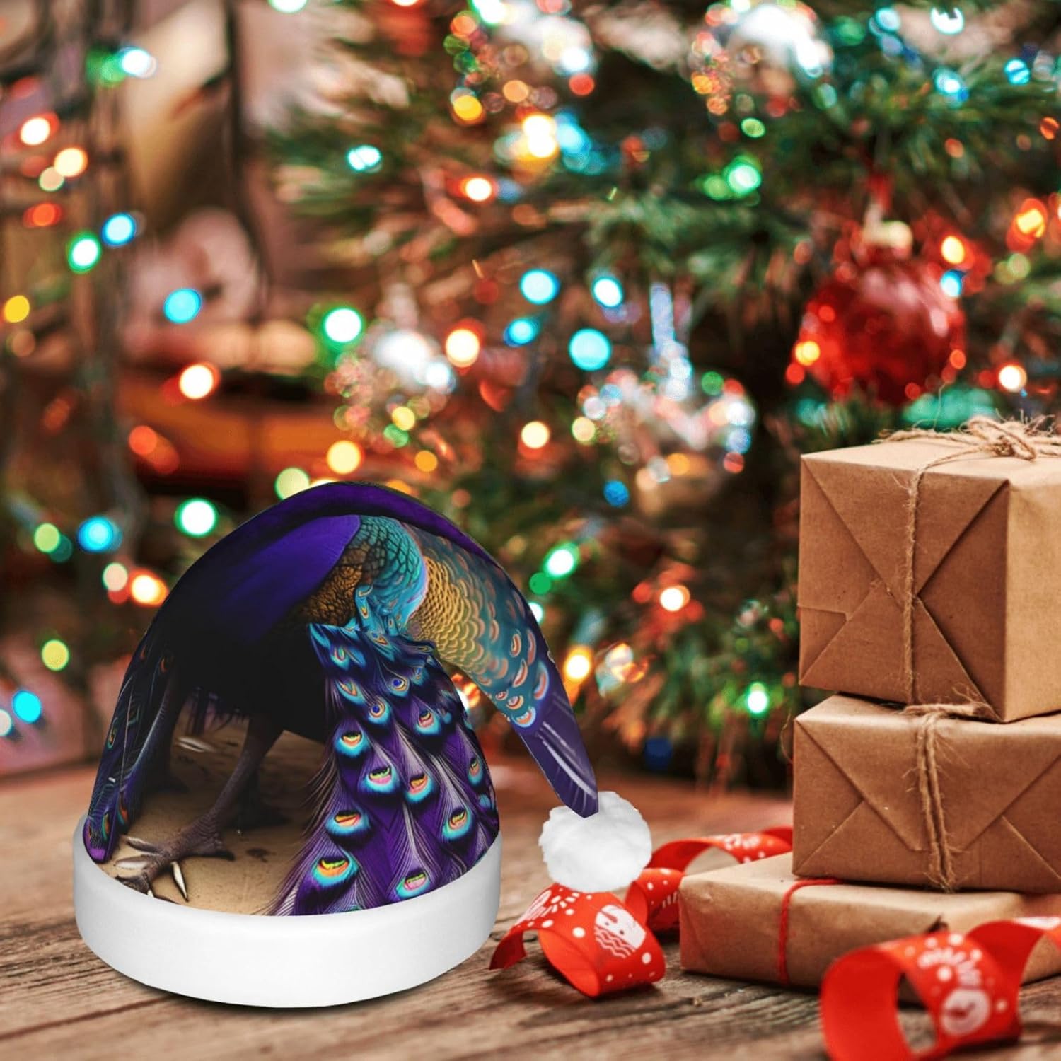 Purple Peacock Print Christmas Hat with LED Lights