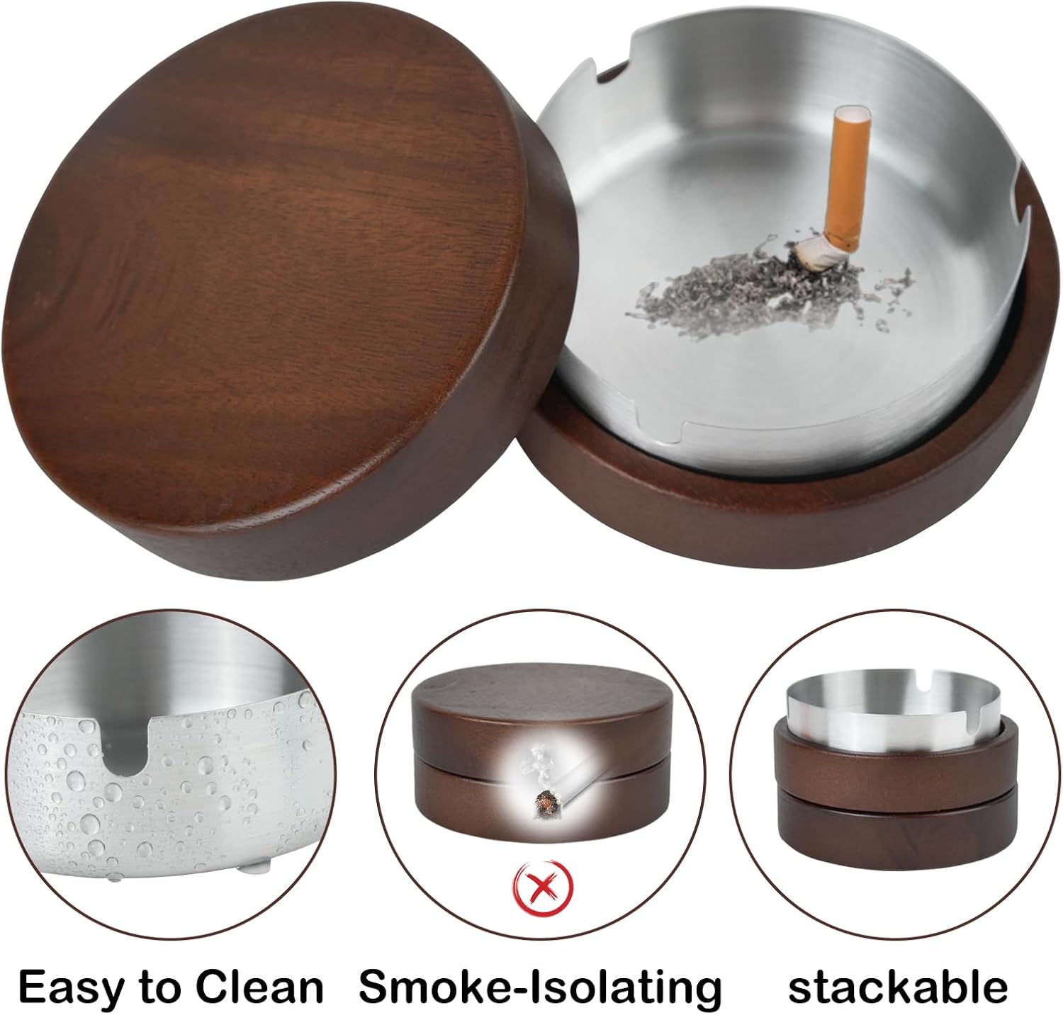 Zoyiancy 2 Pair Windproof Wooden Ashtrays with Lid