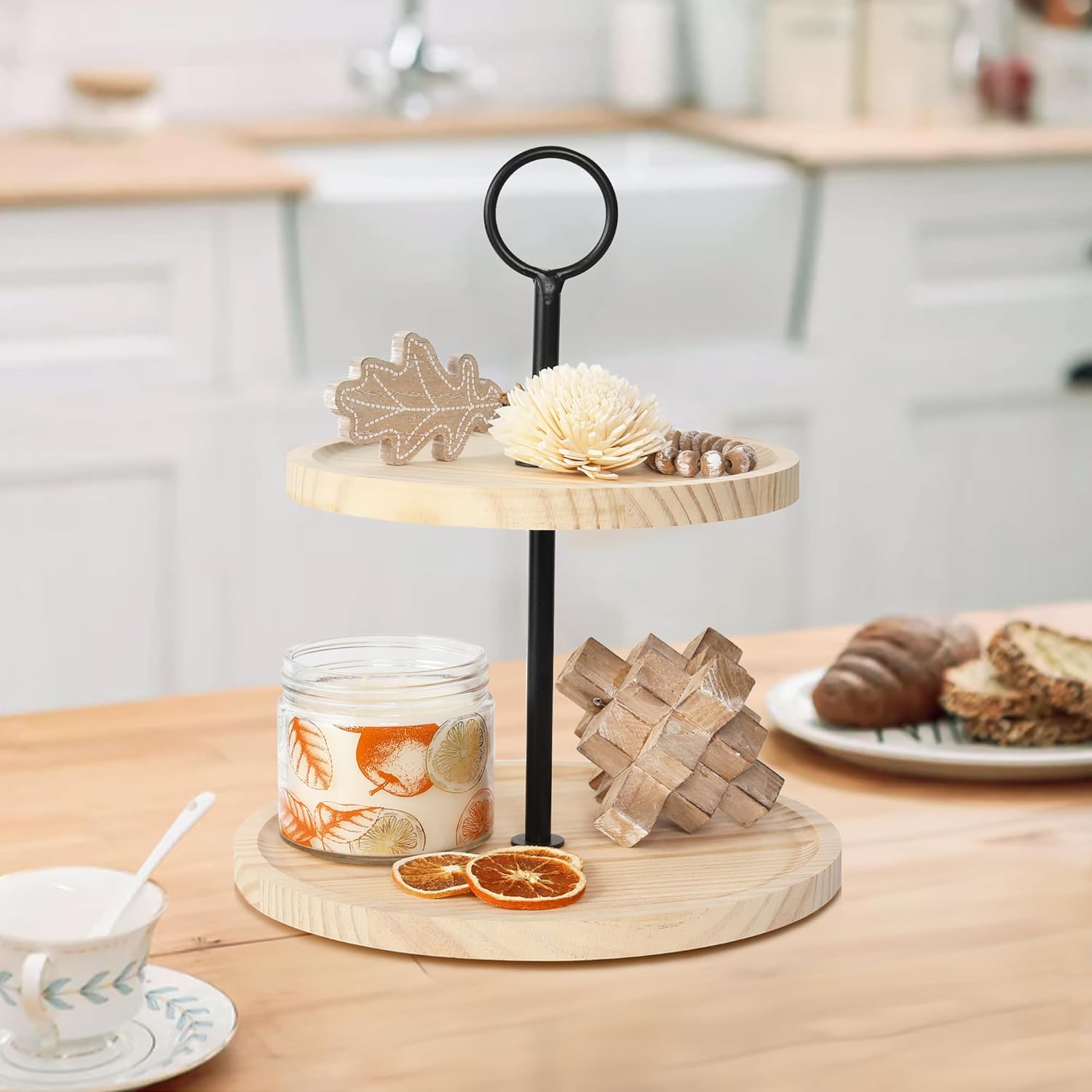 KIBAGA Decorative Wooden Two Tiered Tray Stand