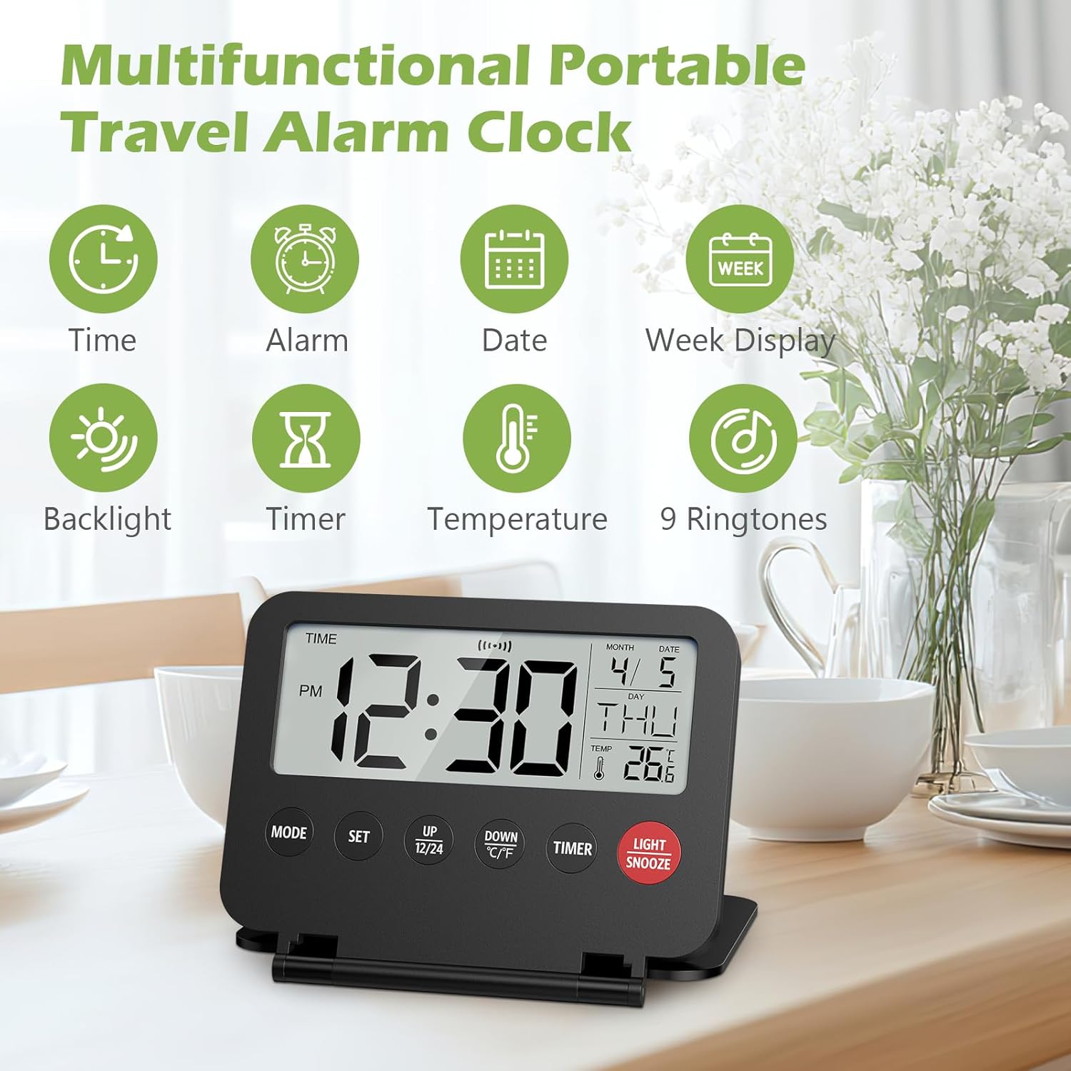 KeeKit Digital Travel Alarm Clock with Date and Temperature
