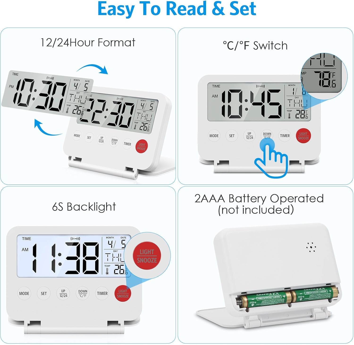 AMIR Travel Alarm Clock with Snooze and Calendar