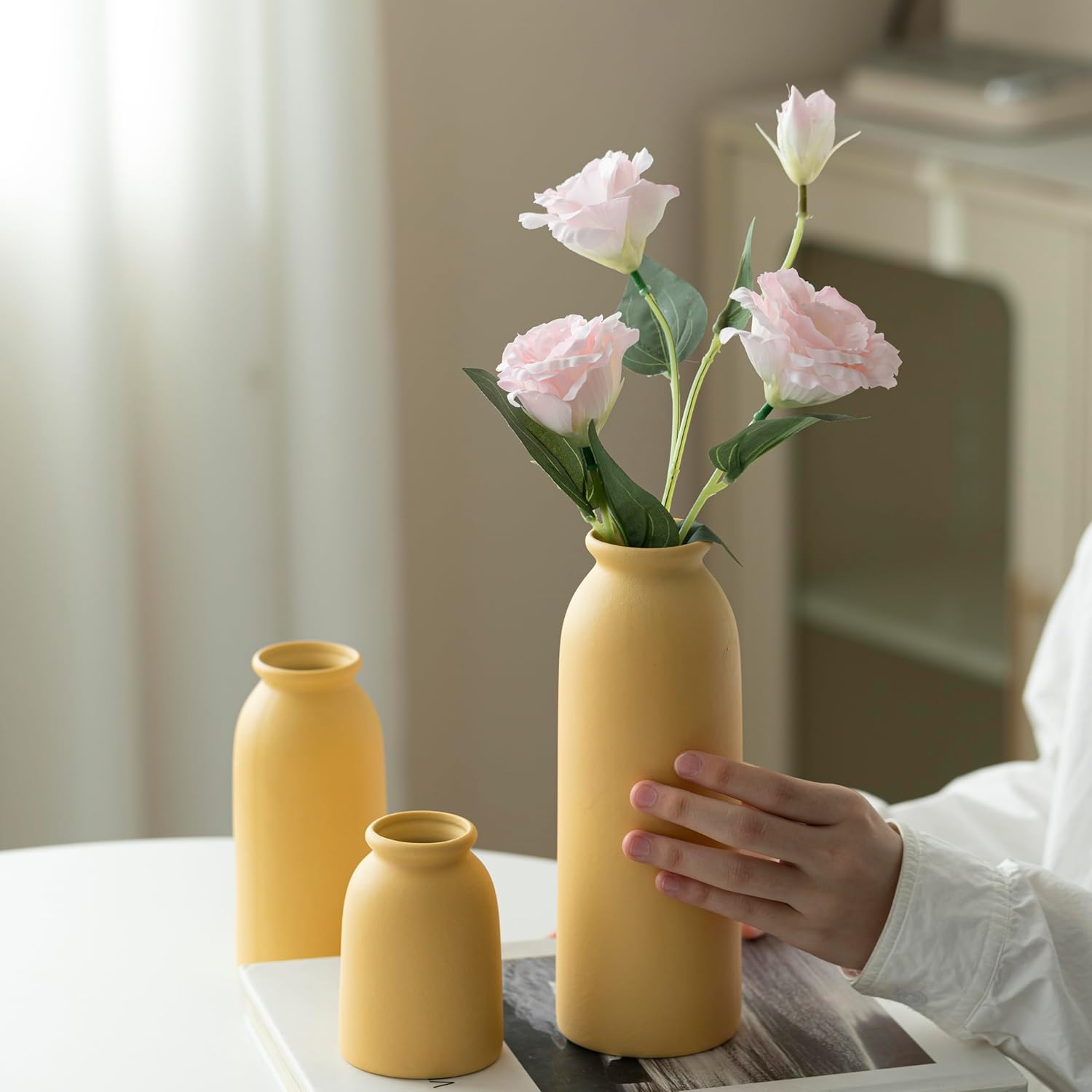 Ceramic Vase Set 3 - Distressed Yellow Boho Farmhouse Style