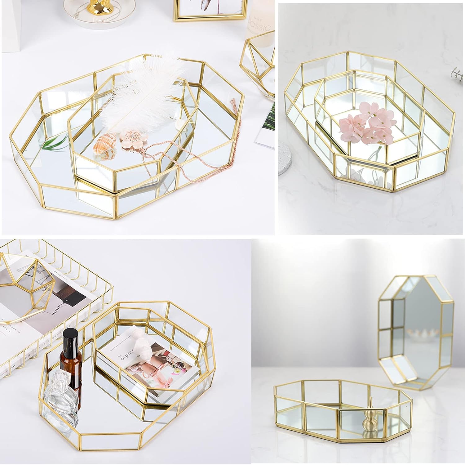 Hipiwe Mirror Glass Vanity Tray - Gold Ornate Decorative Tray
