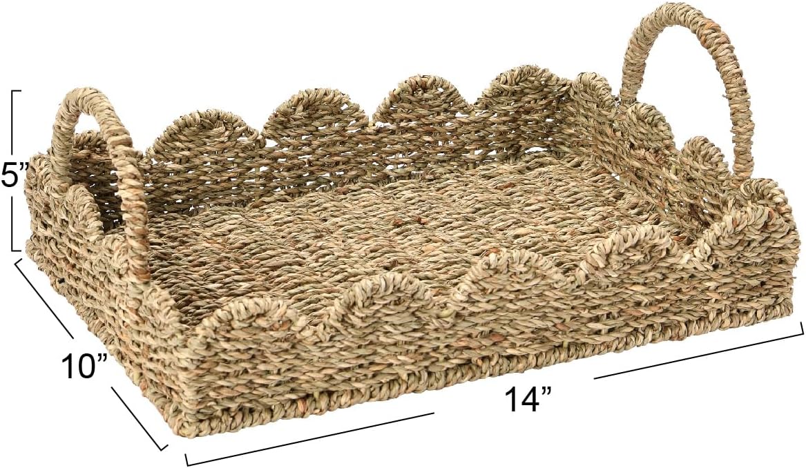 Handwoven Seagrass Tray with Handles and Scalloped Edge